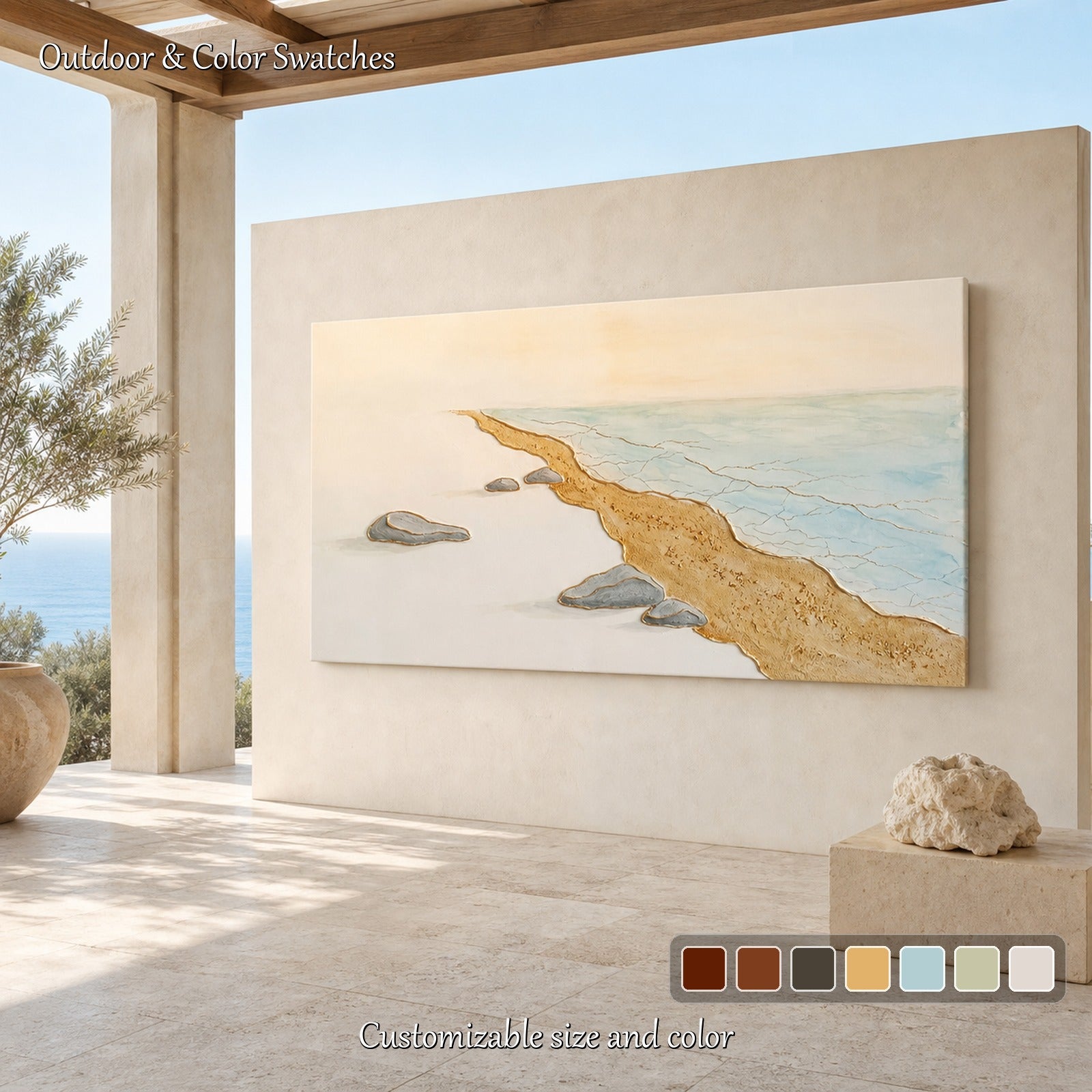 Large Gold Beige Ocean Wave Textured Painting For Modern Living Room Decor