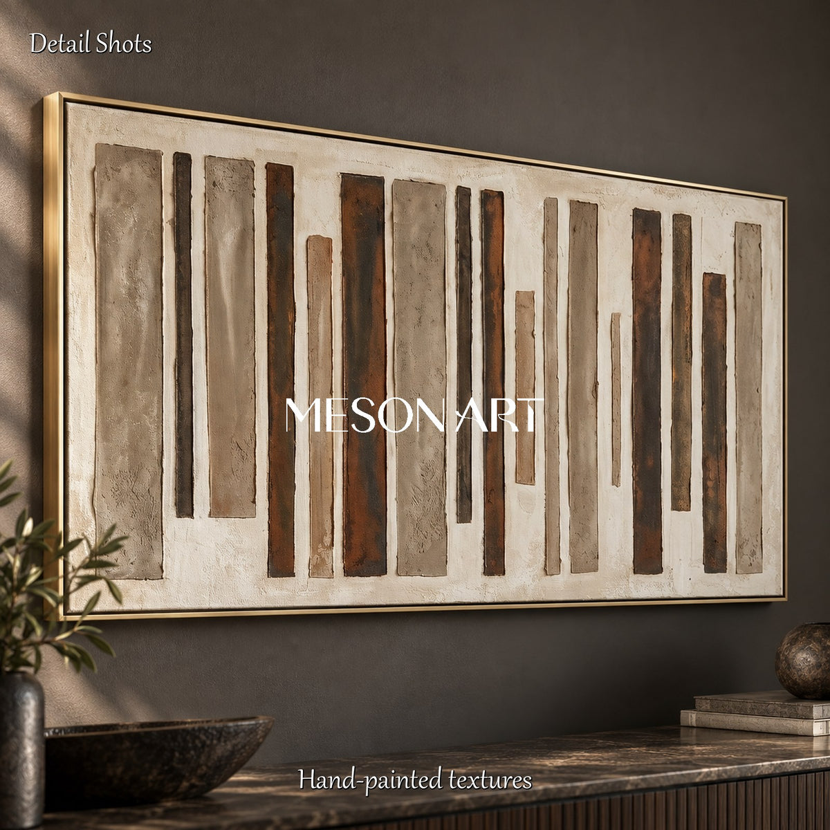 Beige And Brown Wabi-Sabi Panoramic Painting Large Abstract Wall Art For Living Room By Mesonart