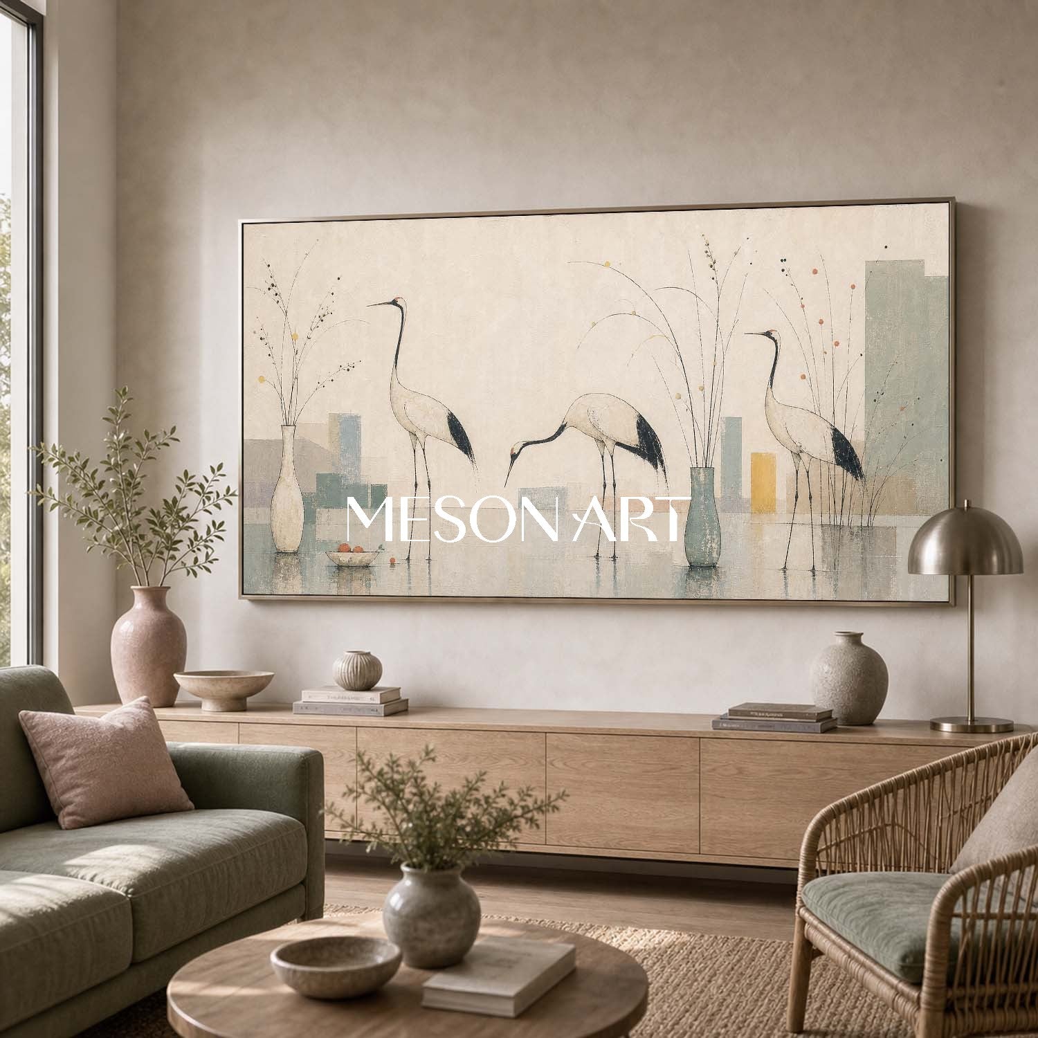 Large Minimalist Crane Wall Art With Still Life For Modern Living Room Decor