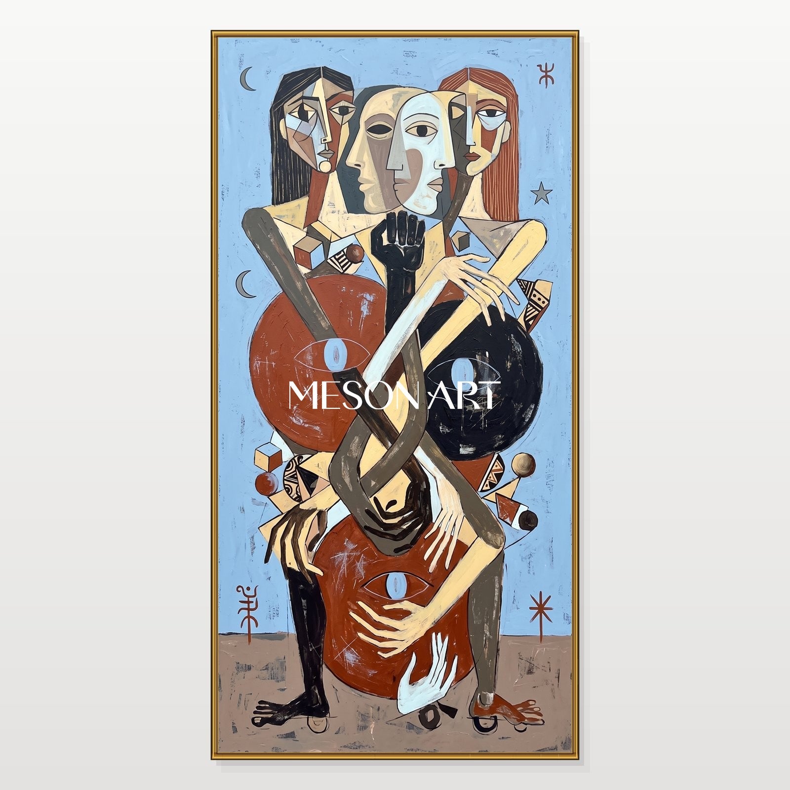 Blue And Brown Expressionist Figurative Abstract Painting Panoramic Wall Art For Living Room By Mesonart