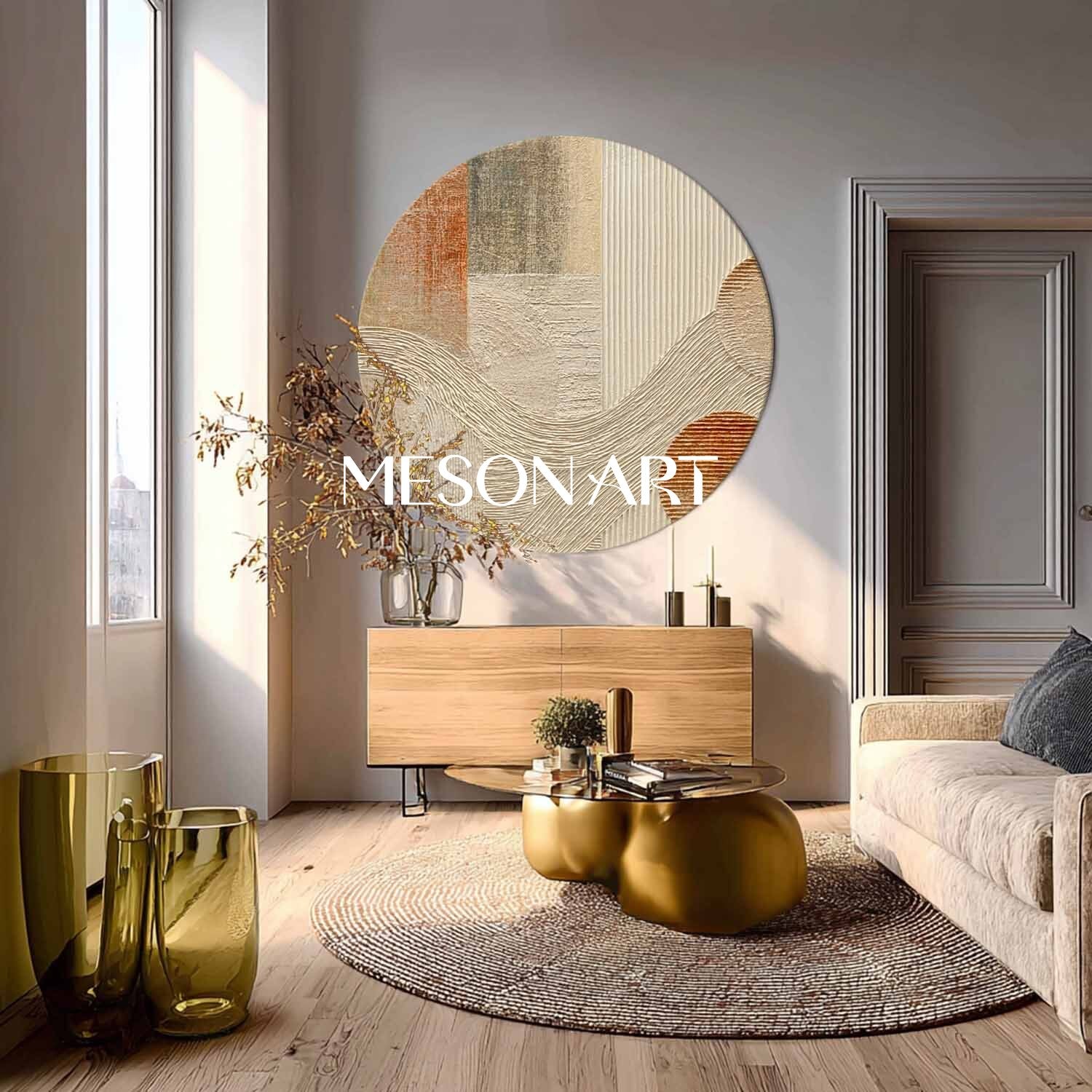 Beige Minimalist Round Abstract Canvas – Wabi-Sabi Textured Wall Art