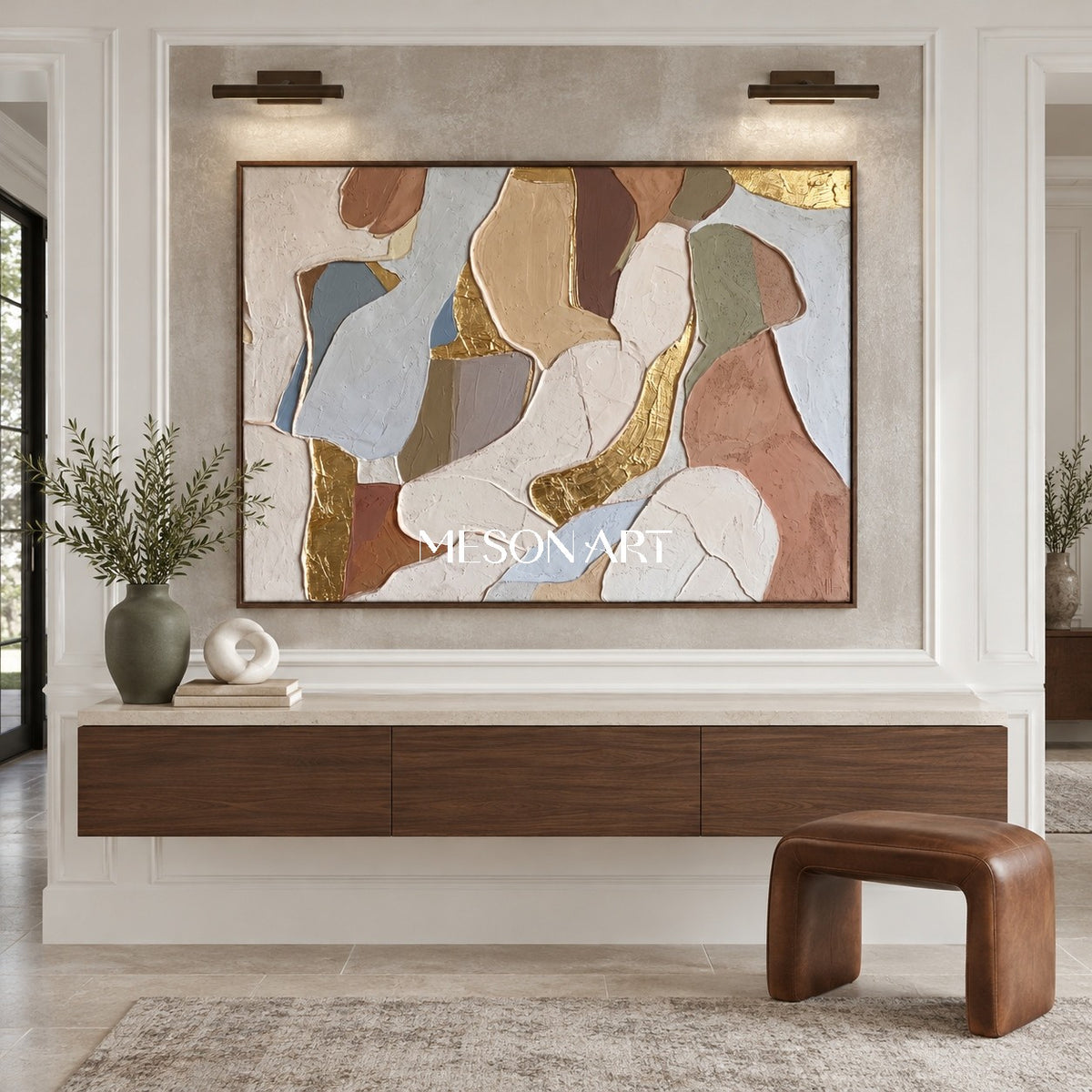 Beige And Gold Abstract Textured Organic Minimal Modern Rectangular Wall Art For Living Room By Mesonart