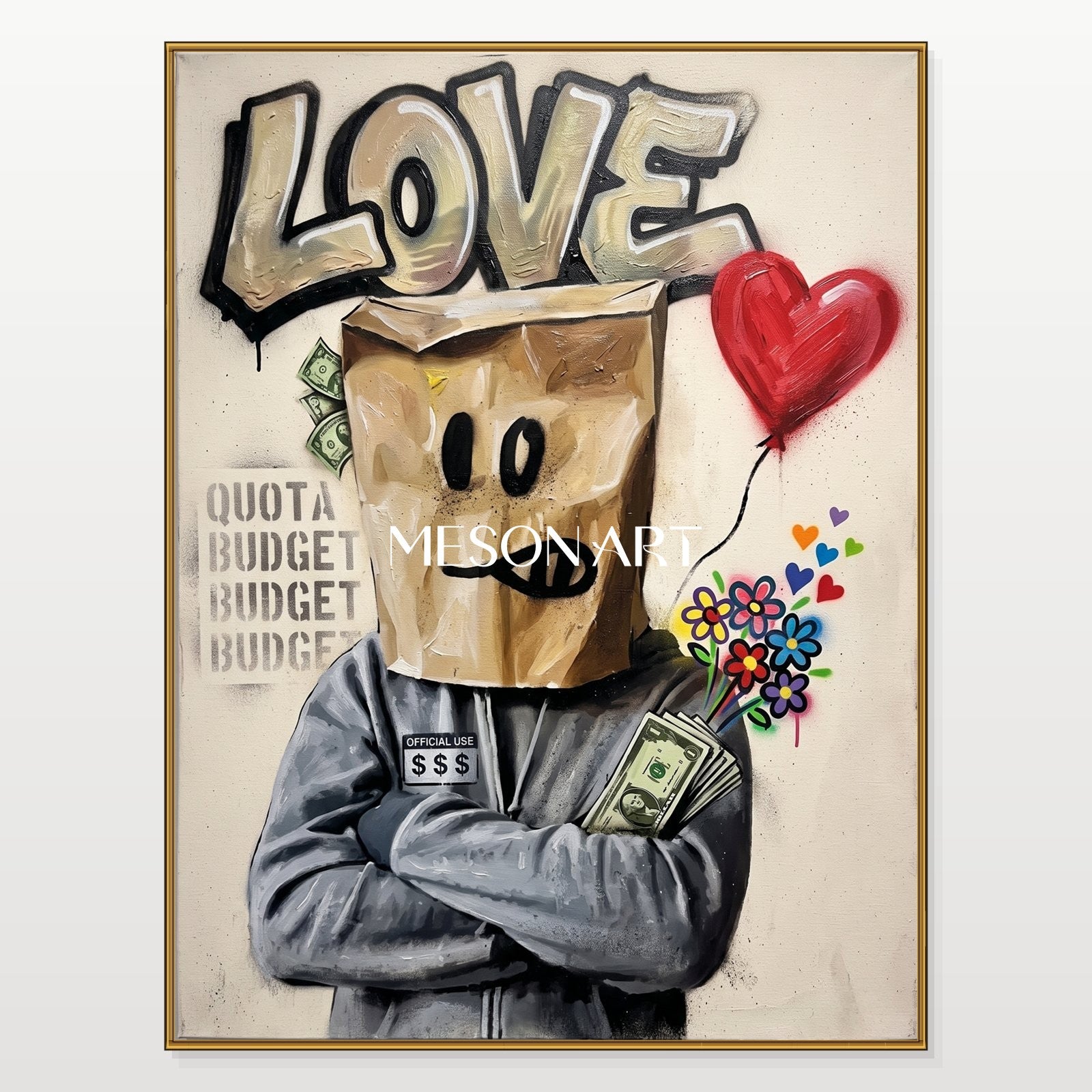 Beige And Black Abstract Graffiti Art Rectangular Canvas Painting Original Artist Hand Painted By Mesonart