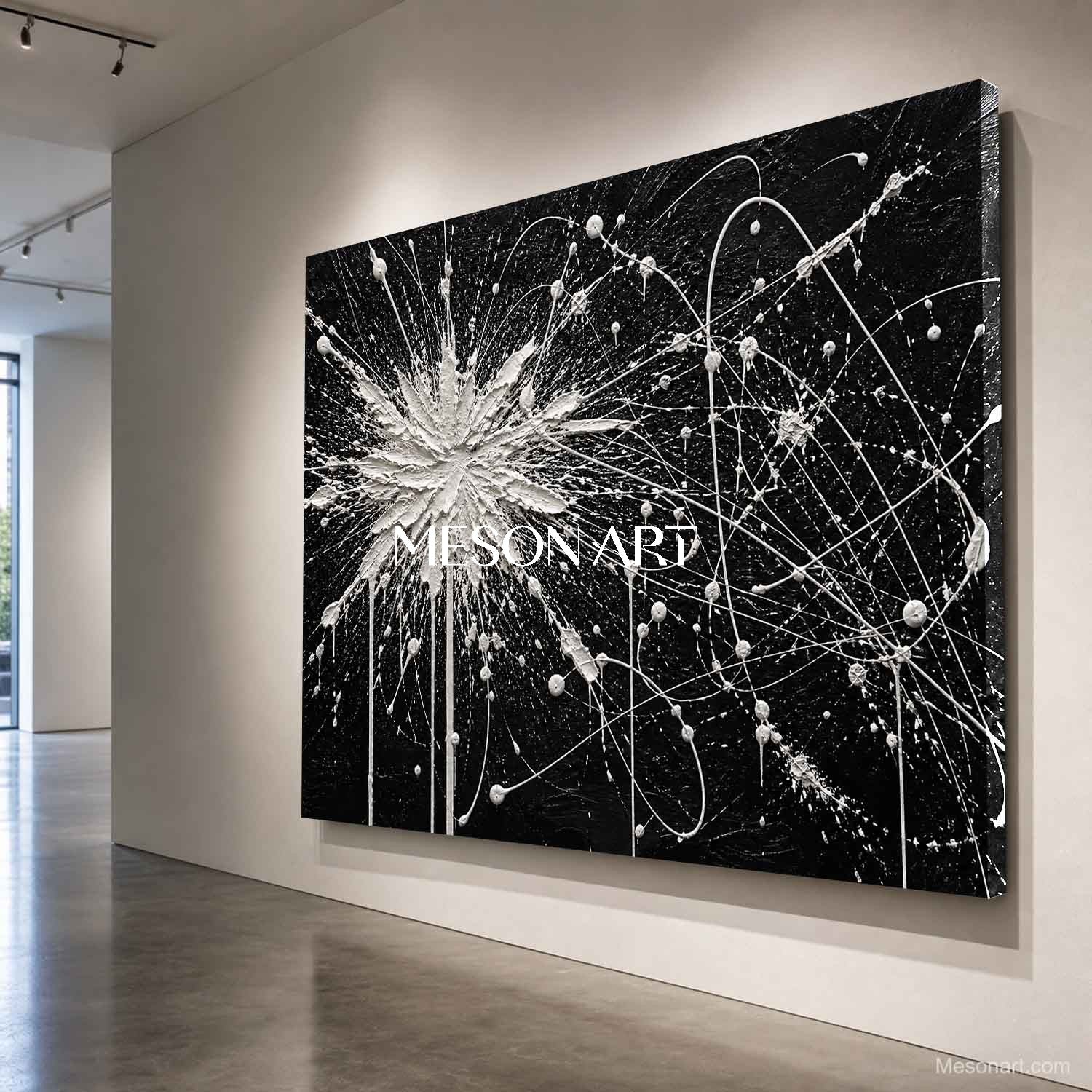 Black And White Pollock Style Abstract Painting With Textured Relief For Modern Wall Art