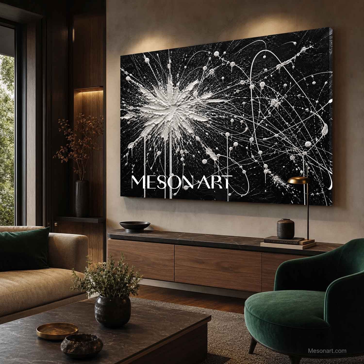 Black And White Pollock Style Abstract Painting With Textured Relief For Modern Wall Art