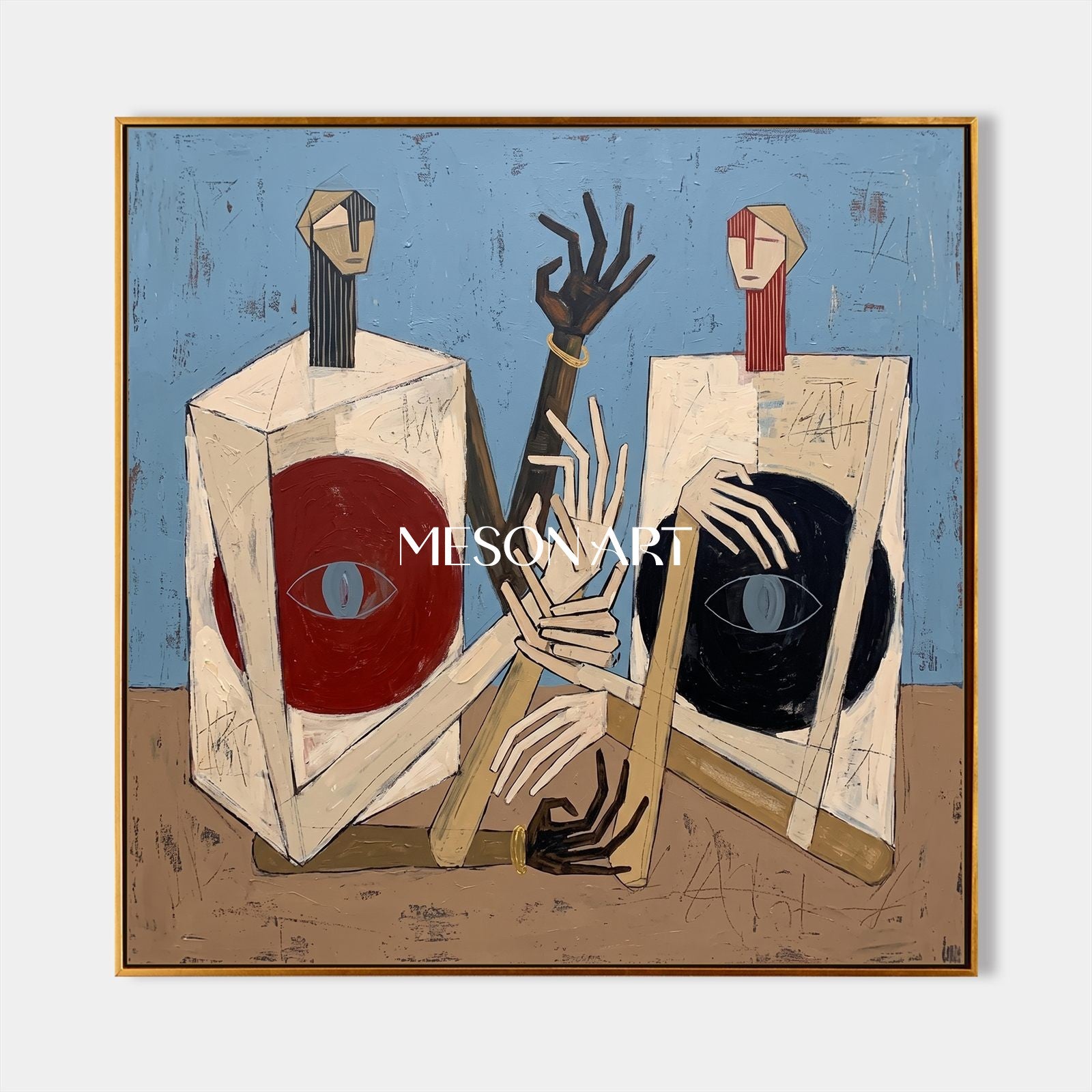 Blue And Brown Painting Contemporary Figurative Expressionism Square Wall Art For Living Room By Mesonart