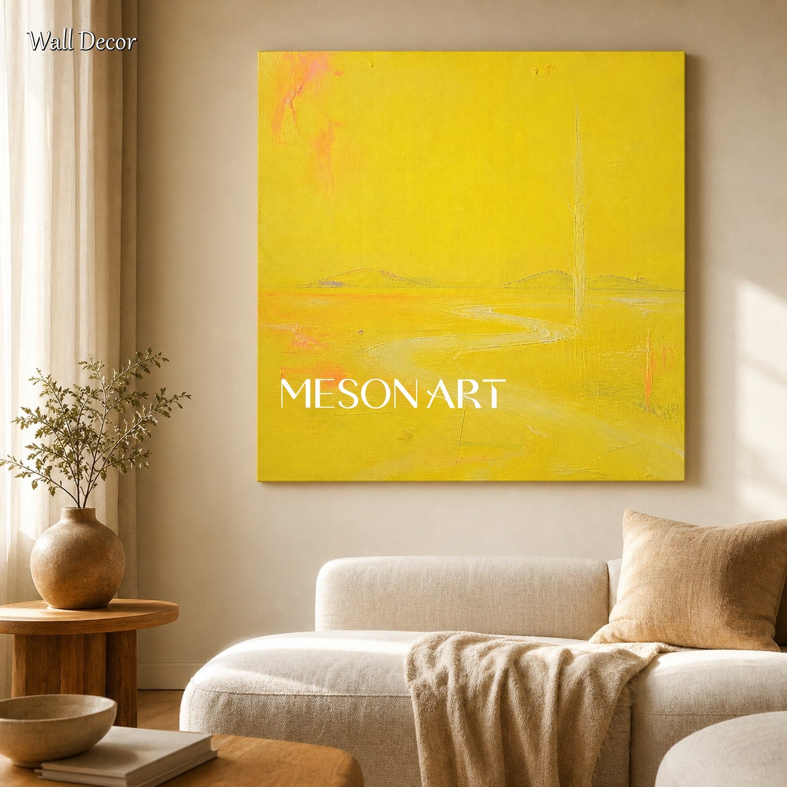 Minimalist Yellow Landscape Painting With Soft Texture For Modern Living Room Wall Decor