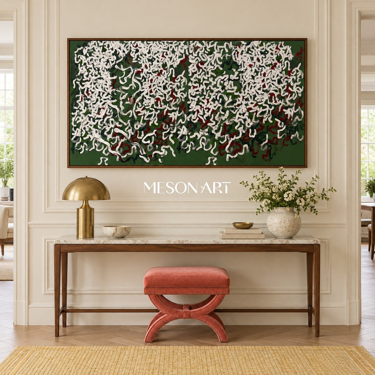 Green And White Abstract Art Impasto Palette Knife Forest Minimalist Contemporary Panoramic Wall Decor By Mesonart