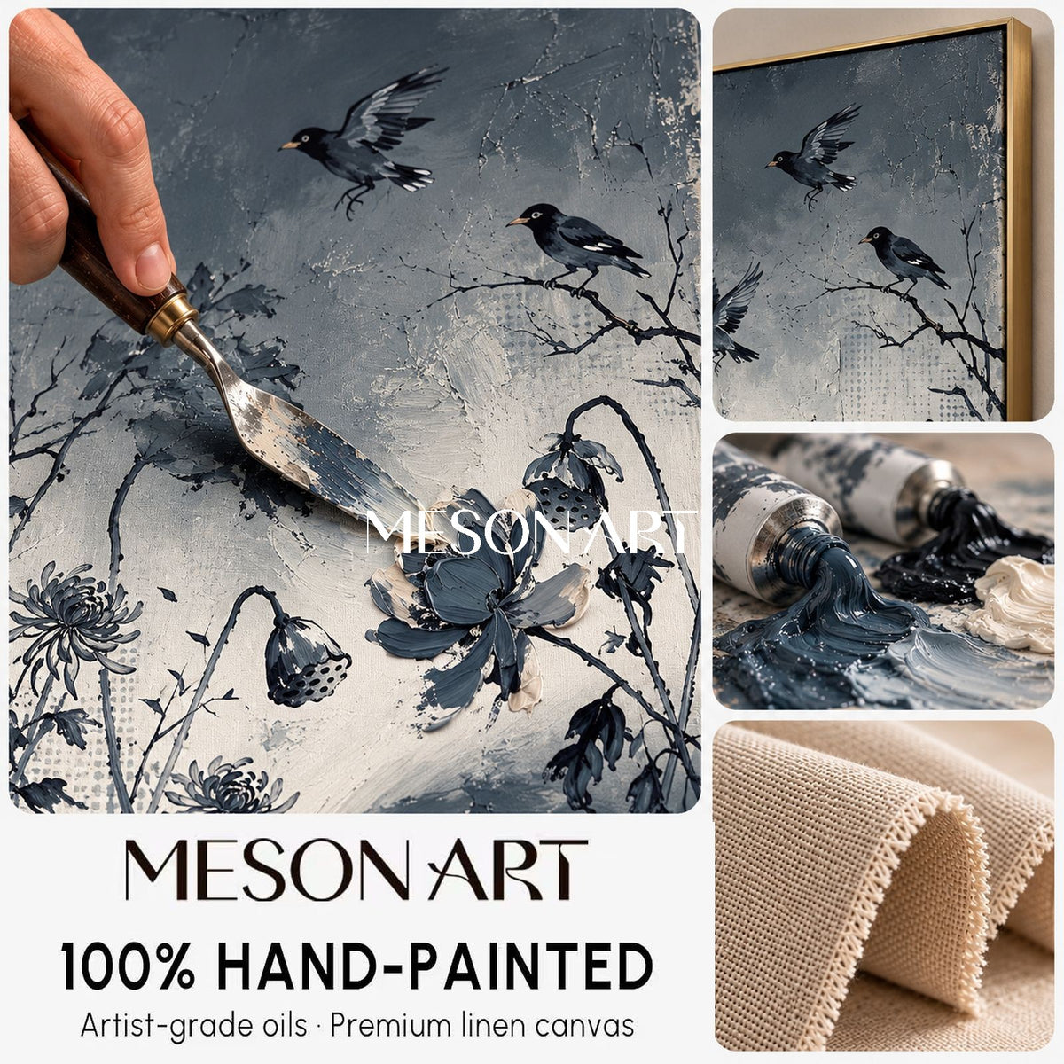 Black And White Crow Floral Painting Rectangular Wall Art Original Artist Hand Painted By Mesonart