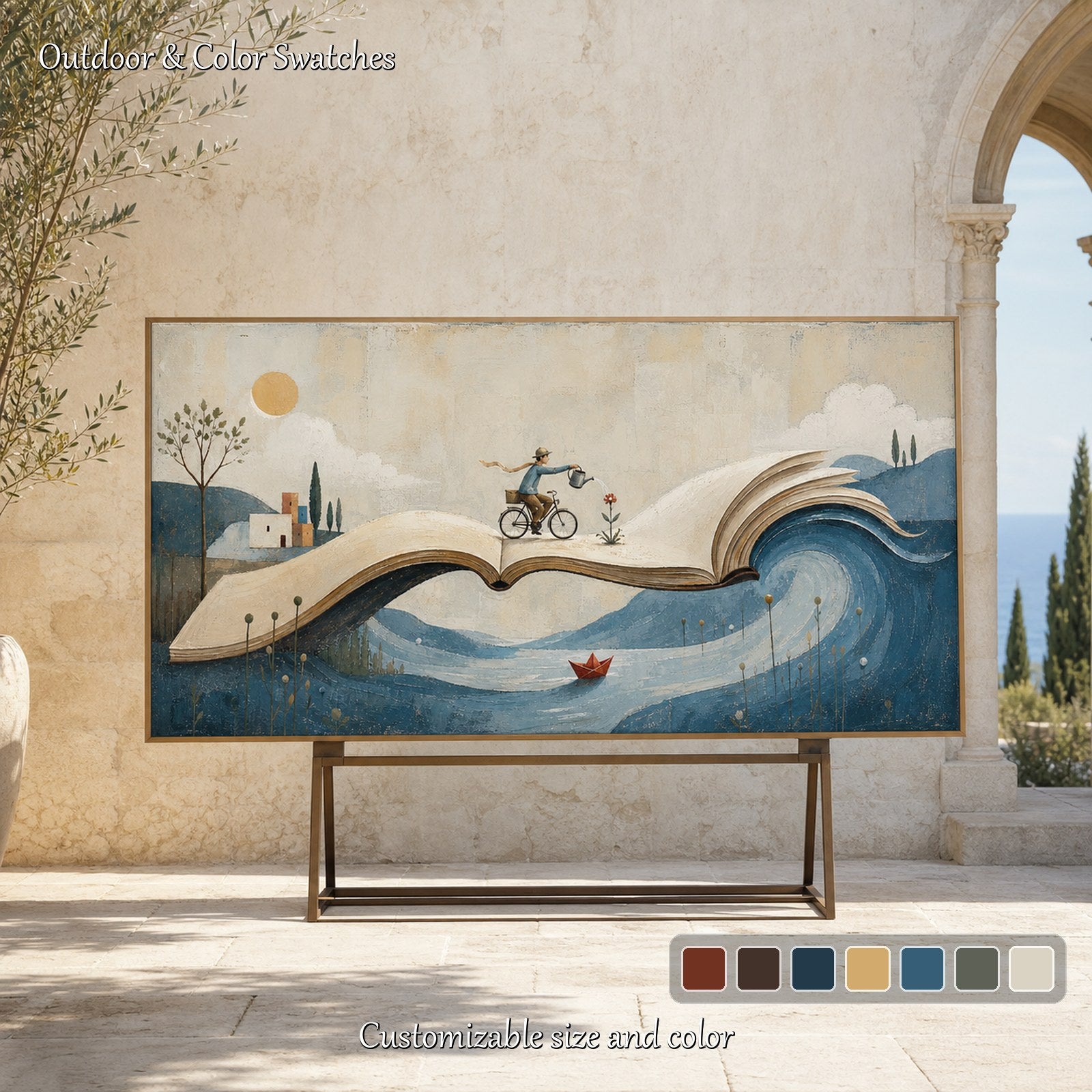 Surrealist Fantasy Painting With Book And Wave For Modern Living Room Decor