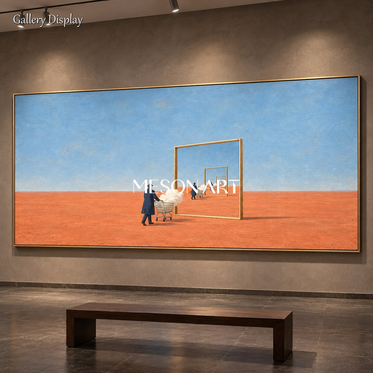 Dipinto astratto e surrealista su specchio nei toni del blu e del marrone – Grande opera d’arte panoramica da parete per il soggiorno, firmata Mesonart
