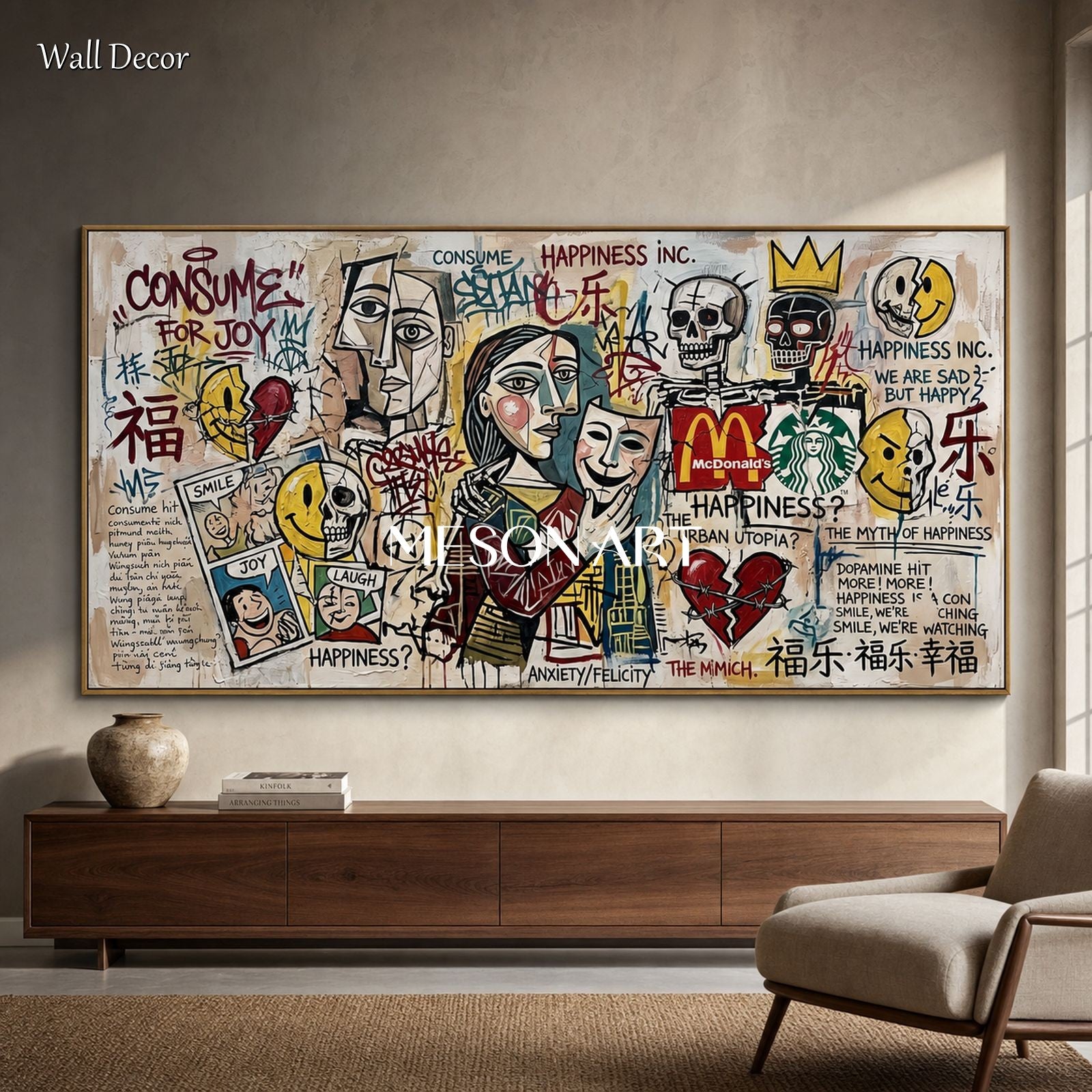 Urban Happiness Paradox Abstract Pop Art Painting With Consumer Icons For Modern Living Room Decor