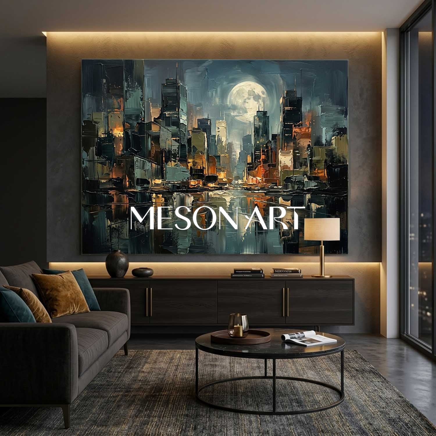 Abstract Cityscape Oil Painting With Textured Plaster Effect For Modern Living Room Decor