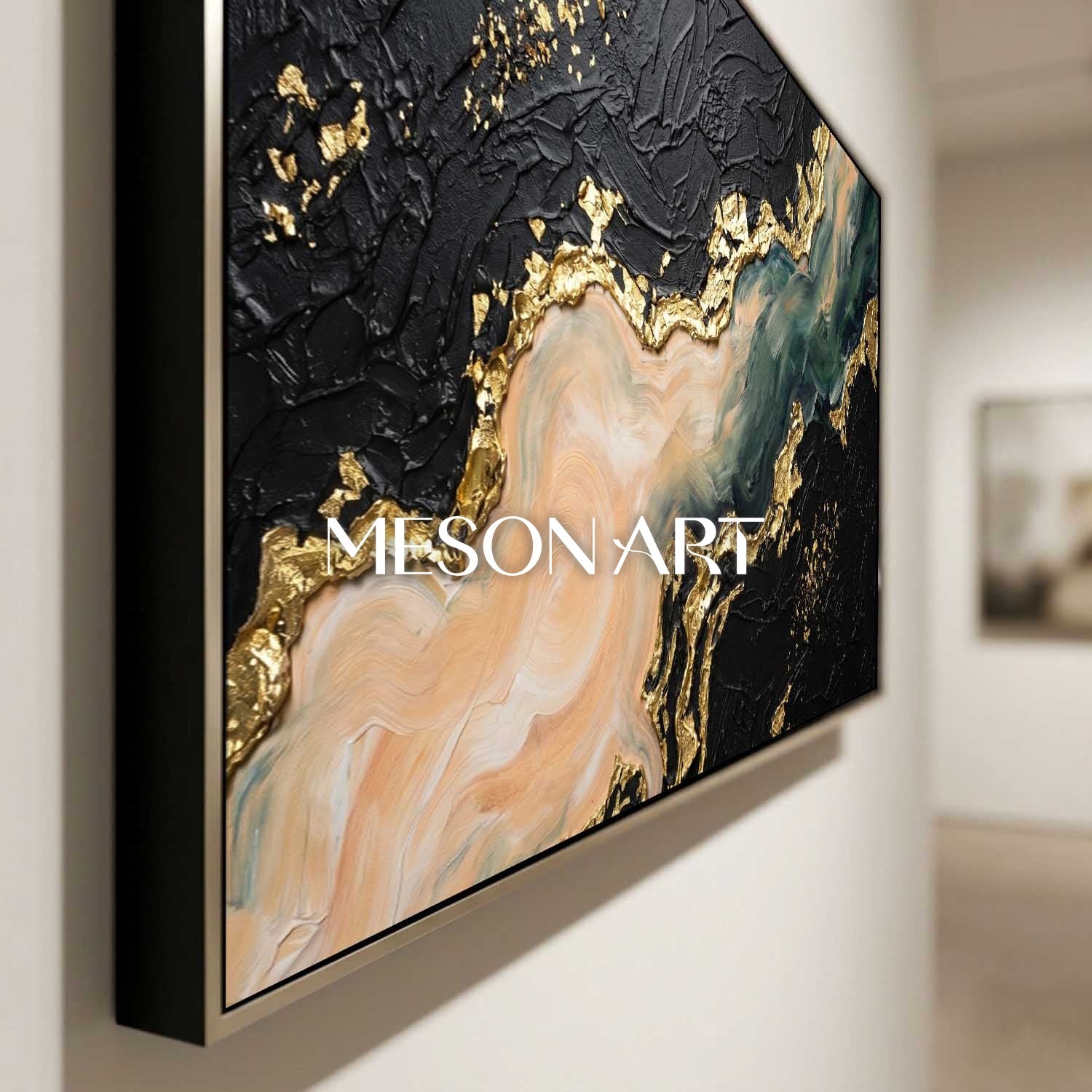 Luxury Black And Gold Plaster Abstract Art With Fluid Motion For Modern Living Room