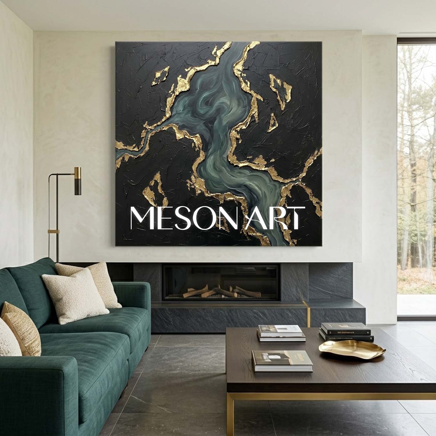 Luxury Black And Gold Plaster Abstract Art With Teal Ocean Waves For Living Room