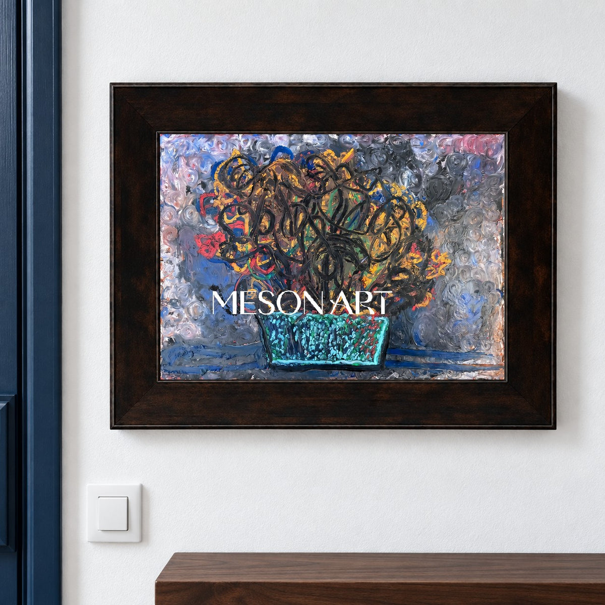 Blue And Gold Abstract Painting Original Artist Hand Painted Expressionist Artwork Rectangular Wall Decor For Living Room By Mesonart