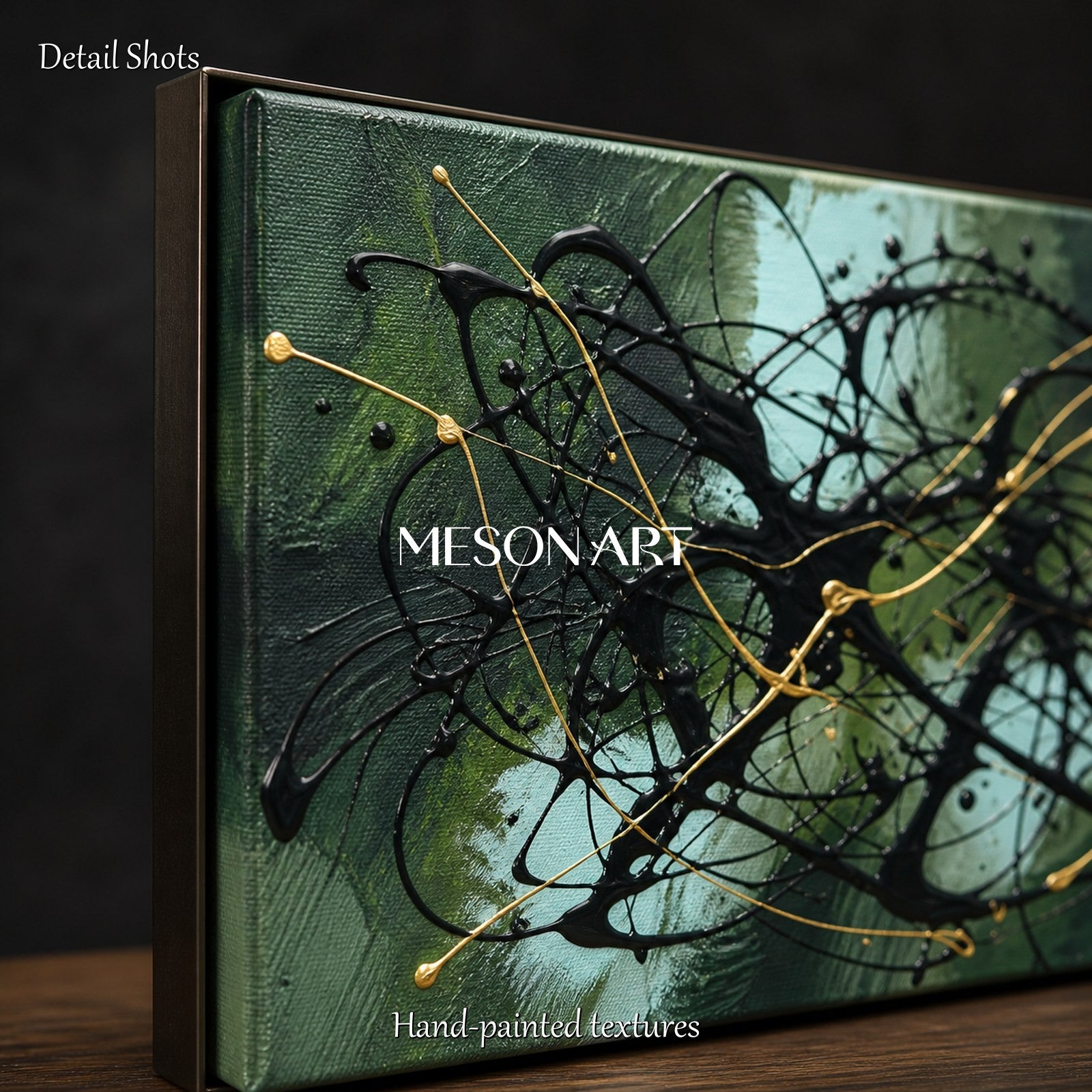 Green And Black Abstract Action Painting Inspired By Jackson Pollock Panoramic Wall Art For Living Room By Mesonart