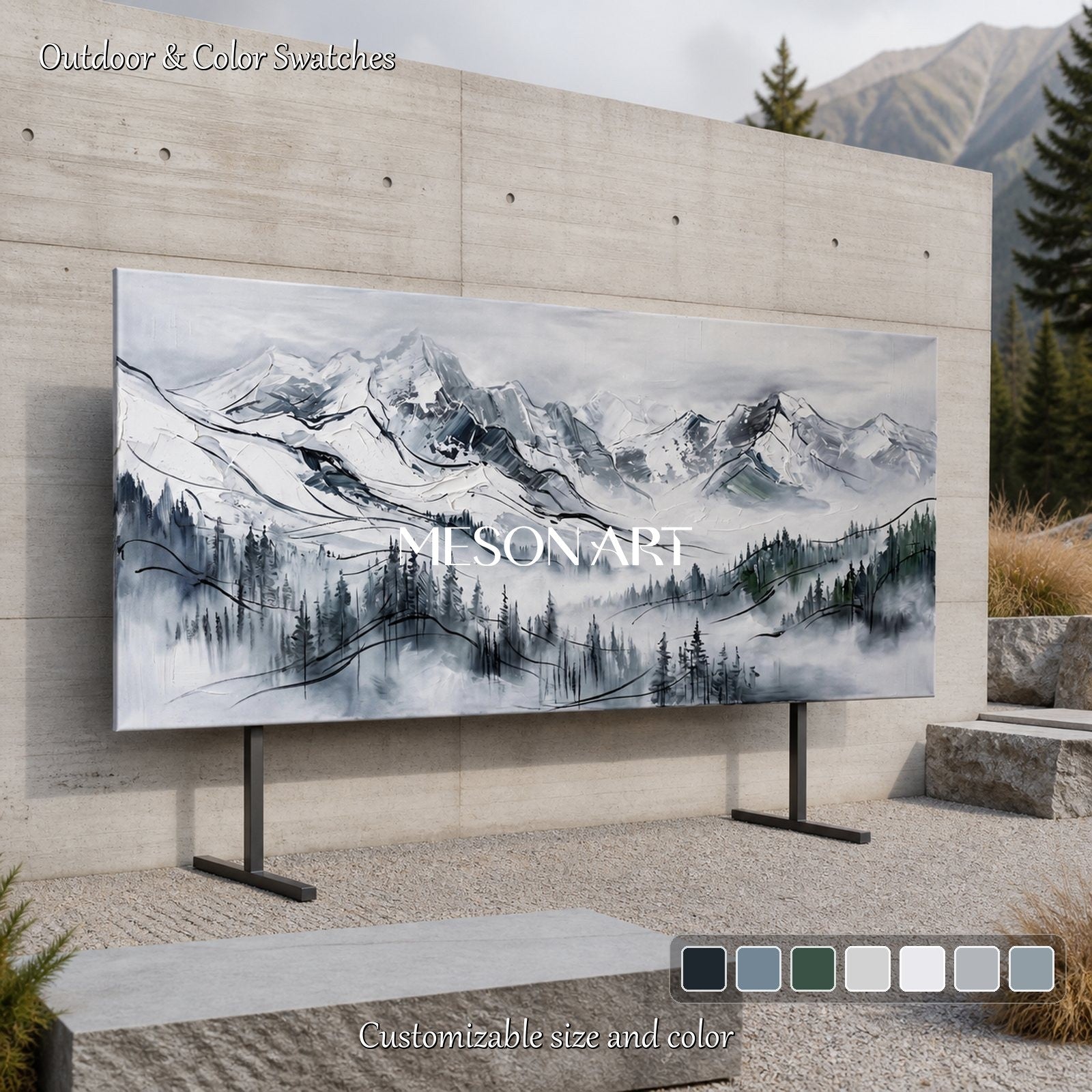 White And Black Mountain Landscape Painting Contemporary Textured Panoramic Art By Mesonart