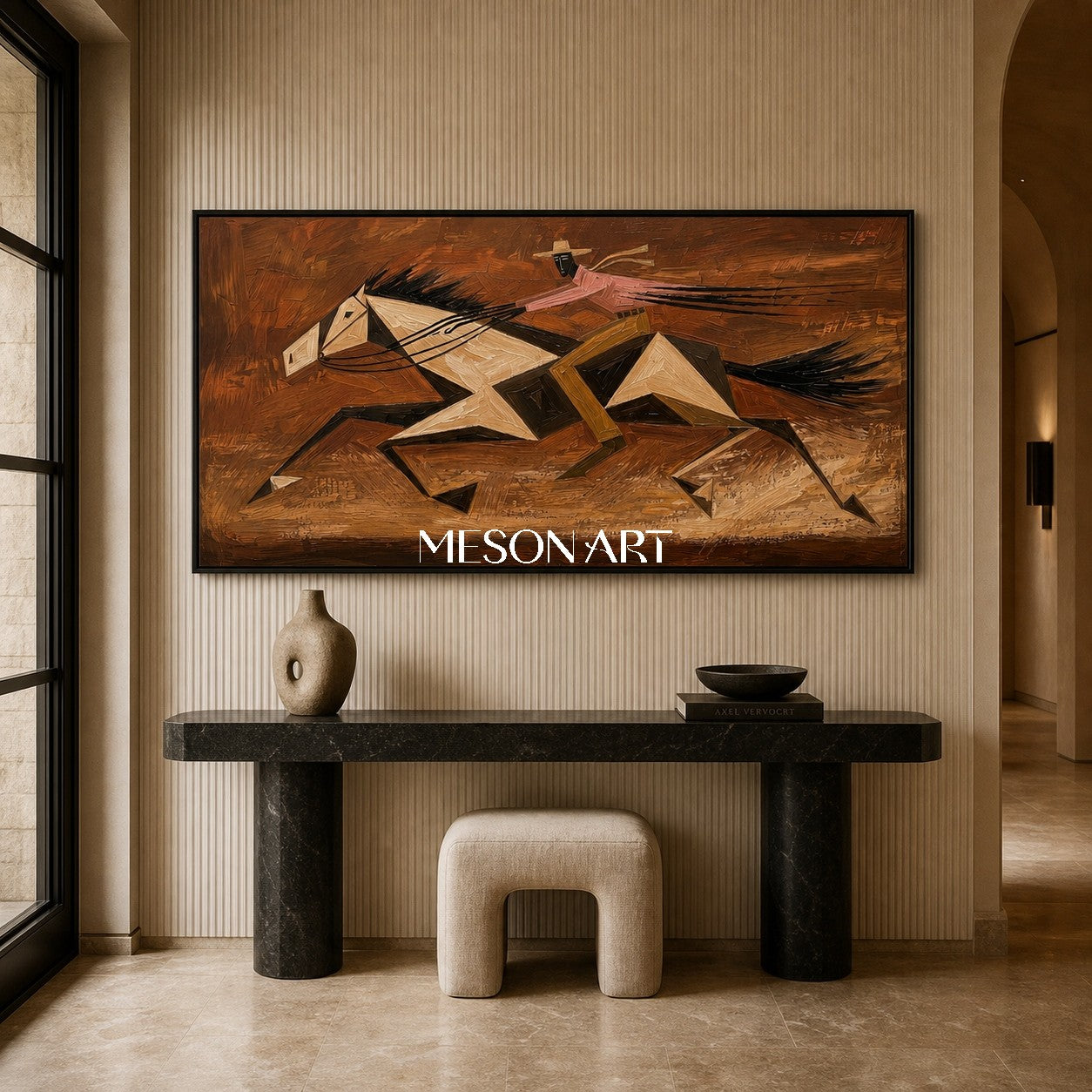 Abstract Geometric Horse Racing Painting With Textured Relief For Modern Living Room Decor