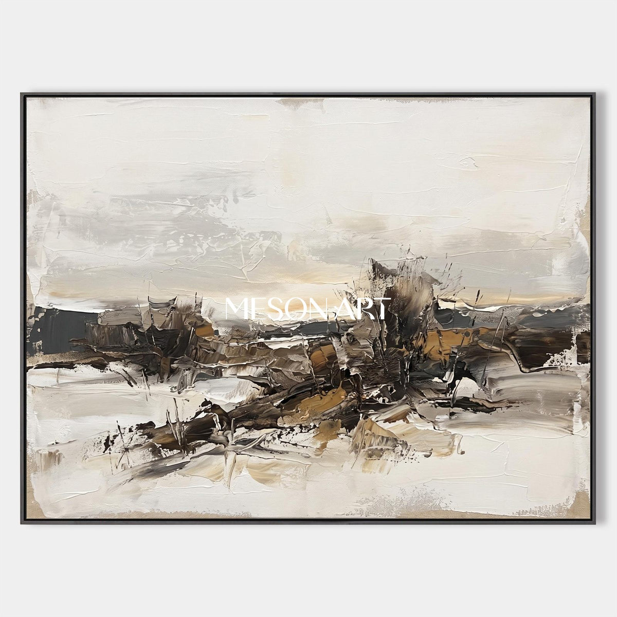 Beige And Black Abstract Landscape Painting Rectangular Wall Art Neutral Framed By Mesonart