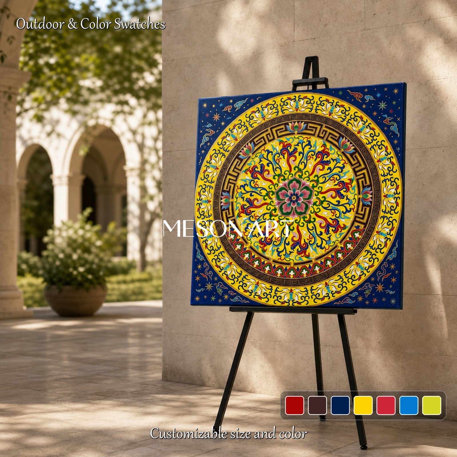 Blue And Gold Persian Arabesque Art Islamic Geometric Wall Decor Square Original Artist Hand Painted By Mesonart