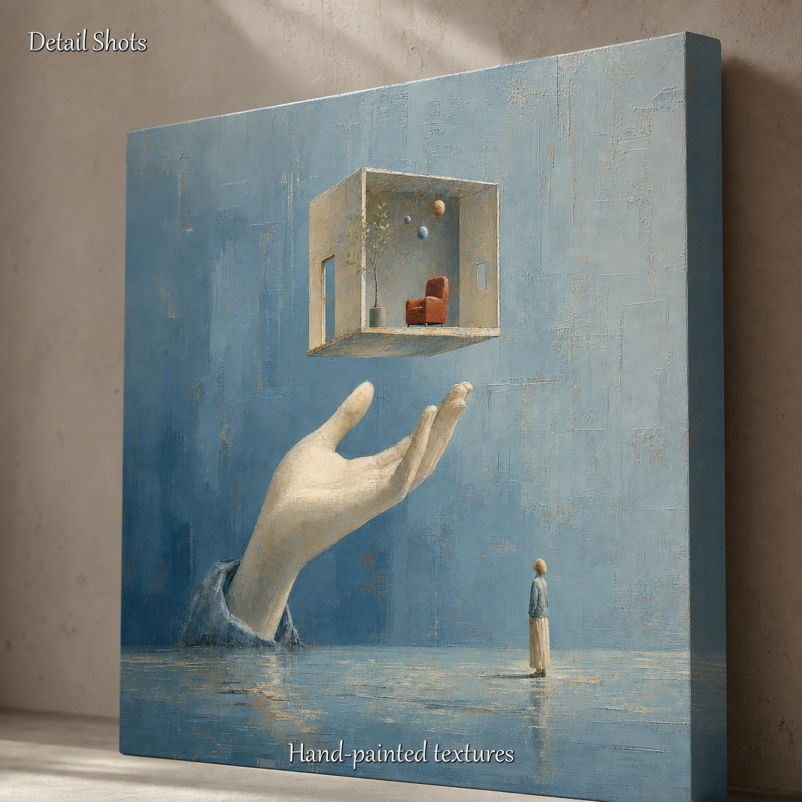 Surrealist Abstract Painting With Giant Hand And Floating Room In Blue Beige Tones