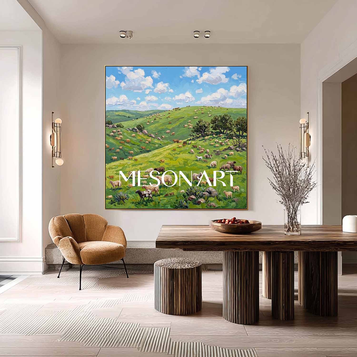 Green Pasture Landscape Oil Painting With Cows For Modern Farmhouse Living Room Decor