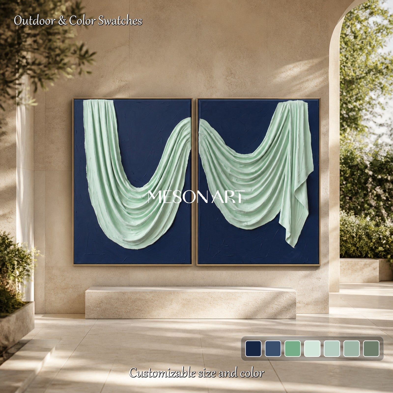 Blue And Green Minimalist Textured Art Rectangular Wall Decor Original Artist Hand Painted By Mesonart