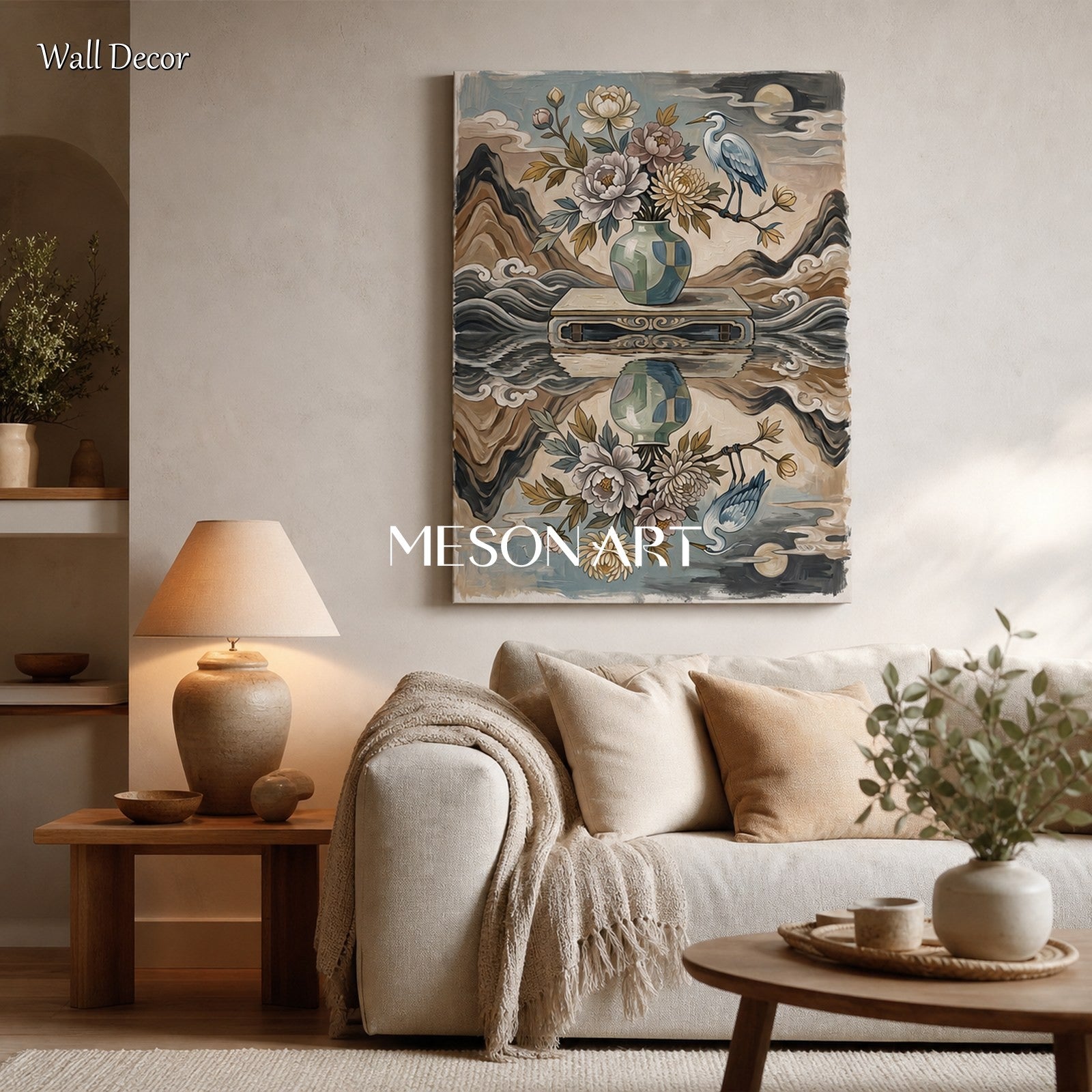 Elegant Chinoiserie Floral And Bird Art Print With Heron For Living Room Decor