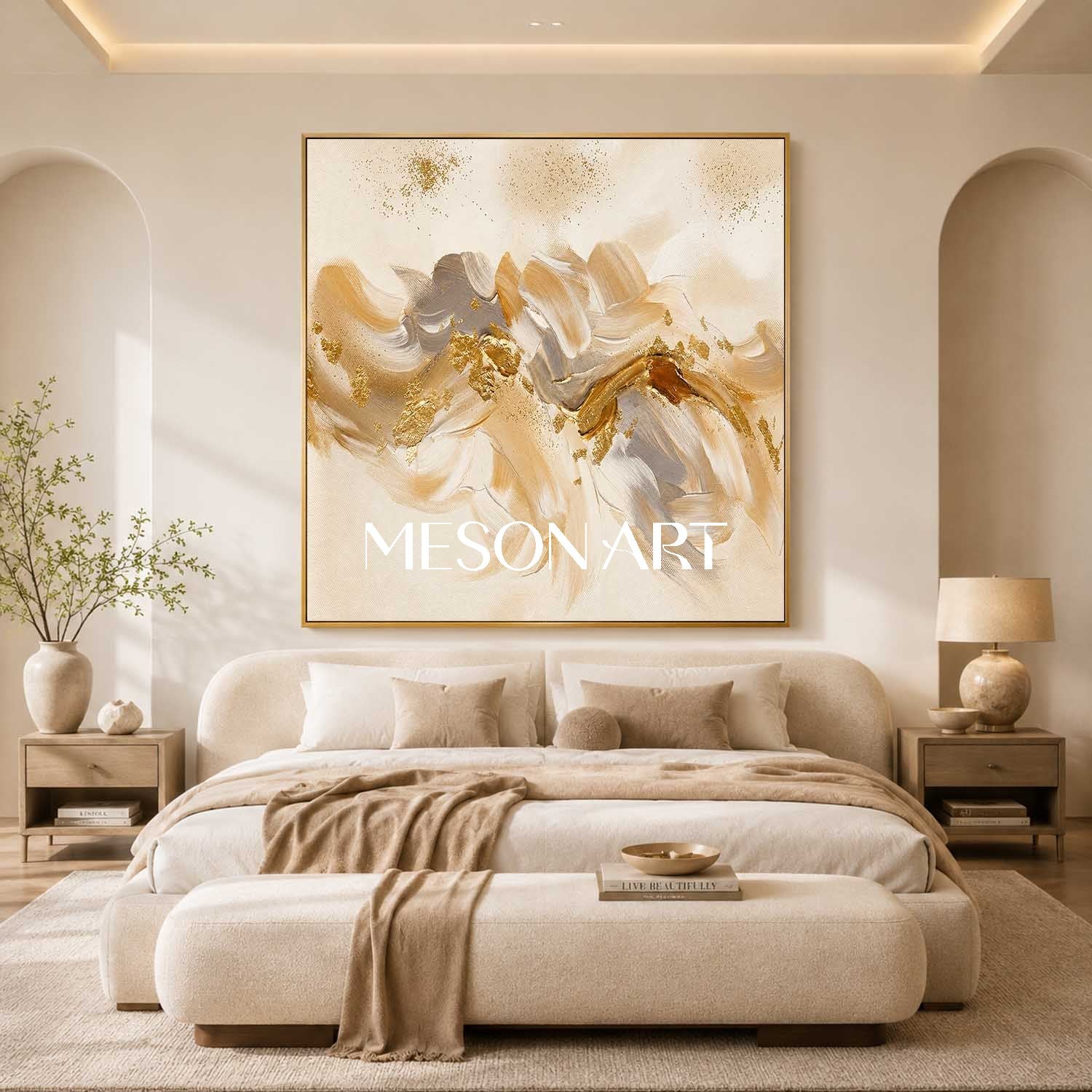 Luxury Abstract Gold Leaf Painting Beige Neutral Modern Art For Living Room