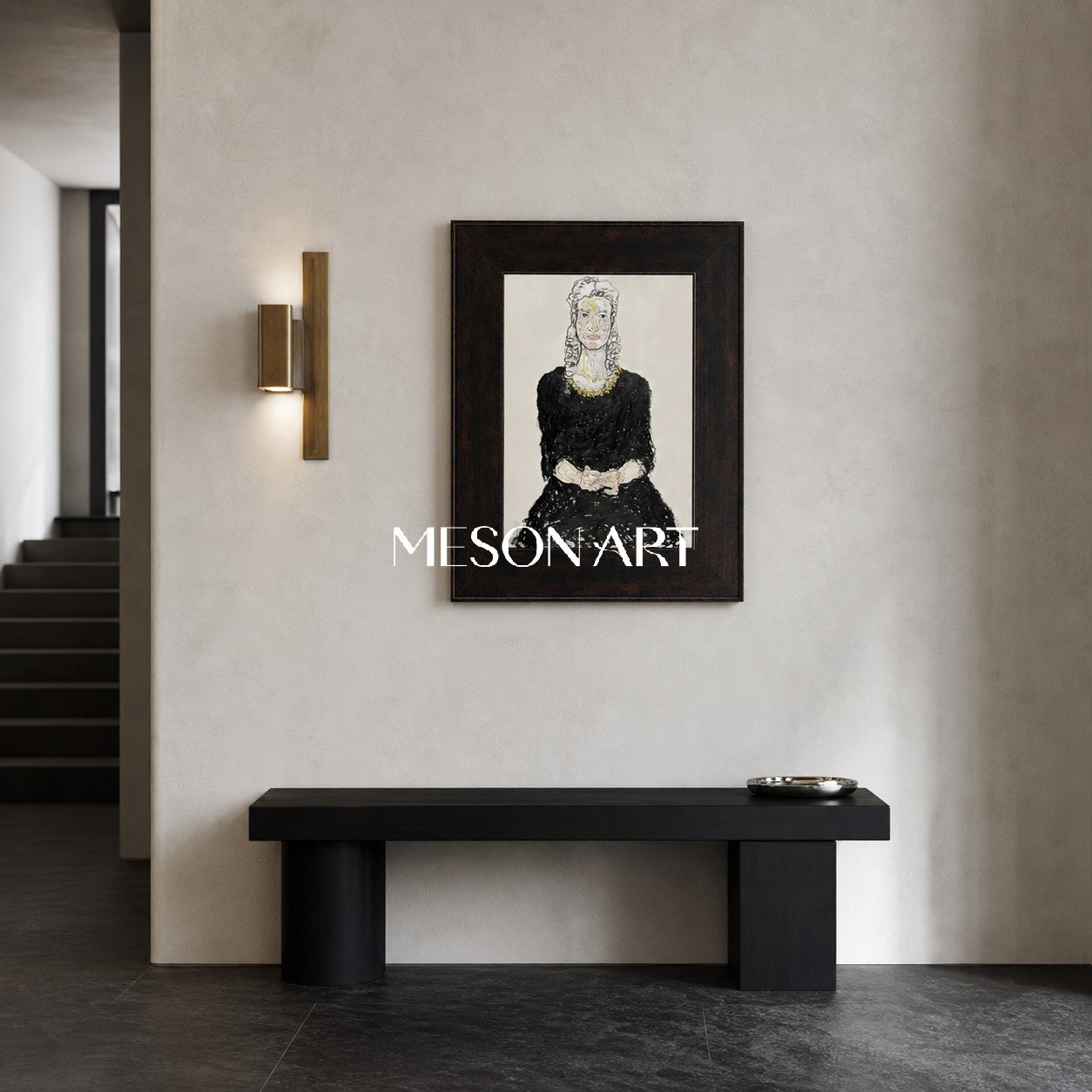 Abstract Modern Portrait Painting Black And Gold Art For Entryway