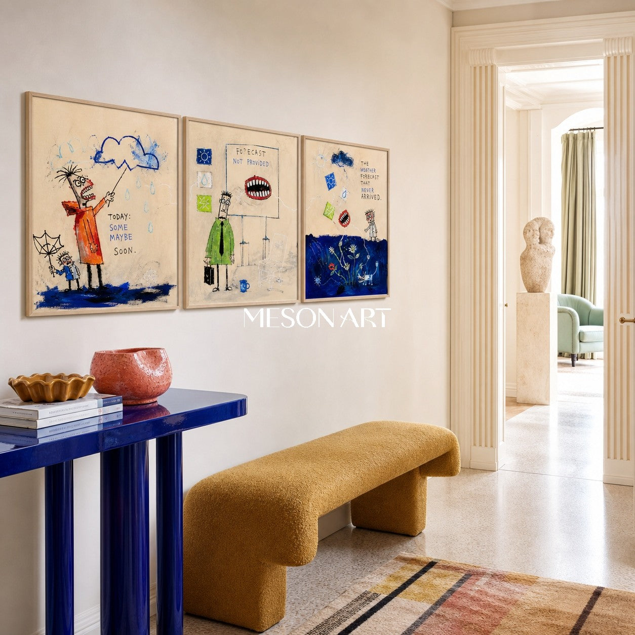 Blue Beige Graffiti Narrative Figurative Cartoon Weather Rectangular Wall Art Original Artist Hand Painted By Mesonart