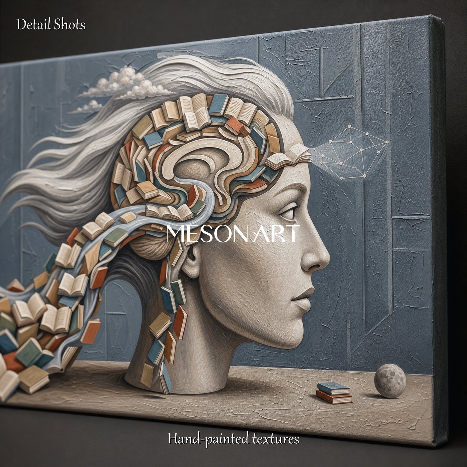 Surrealist Abstract Painting Of Mind And Books For Modern Home Office Decor