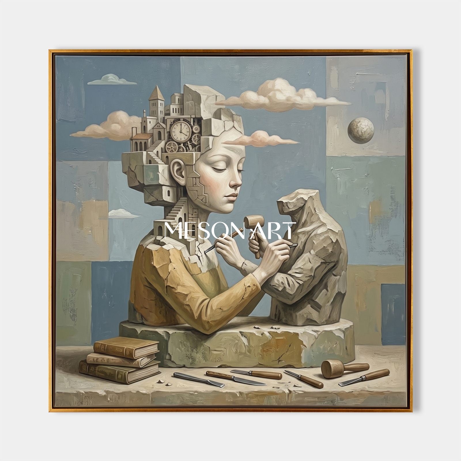 Surrealist Oil Painting With Dreamlike Architecture For Sophisticated Home Office Decor