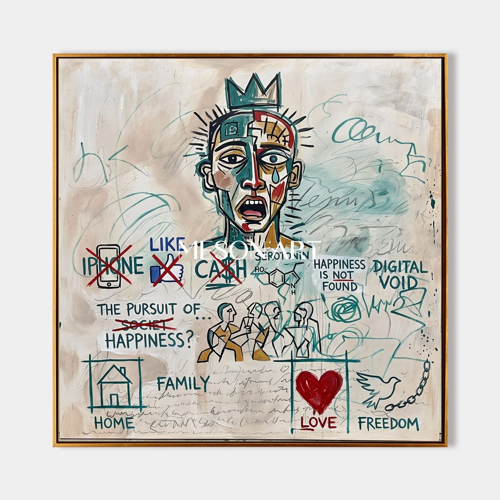 Original Basquiat Style Graffiti Art With Social Critique For Modern Home Decor
