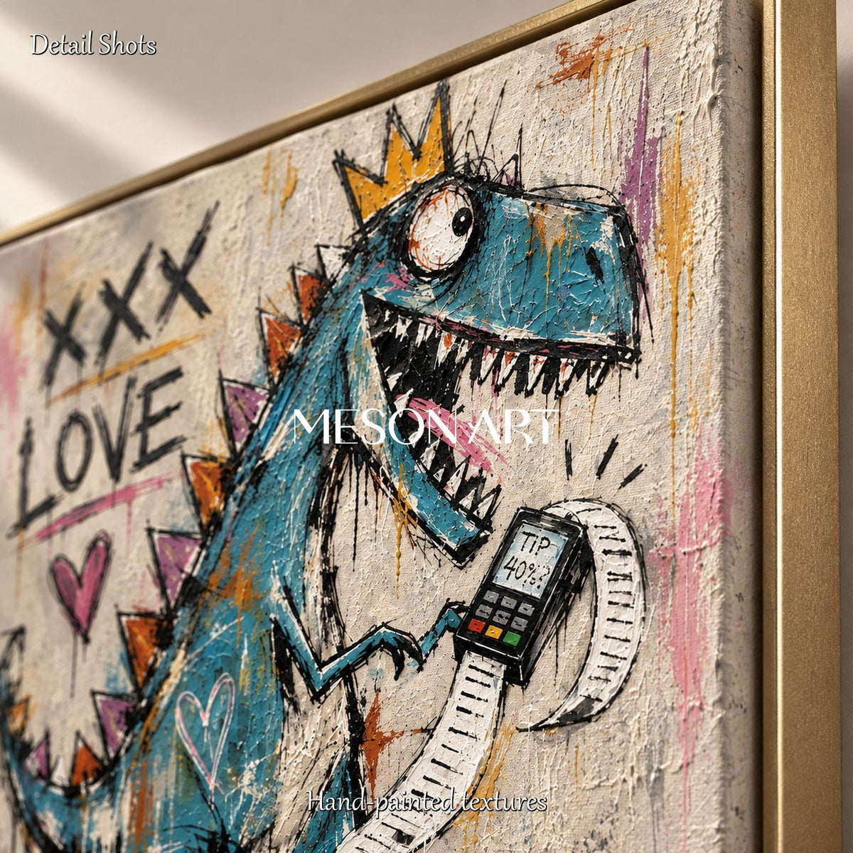 Blue And Gold Graffiti Dinosaur Wall Art Rectangular Original Artist Hand Painted By Mesonart