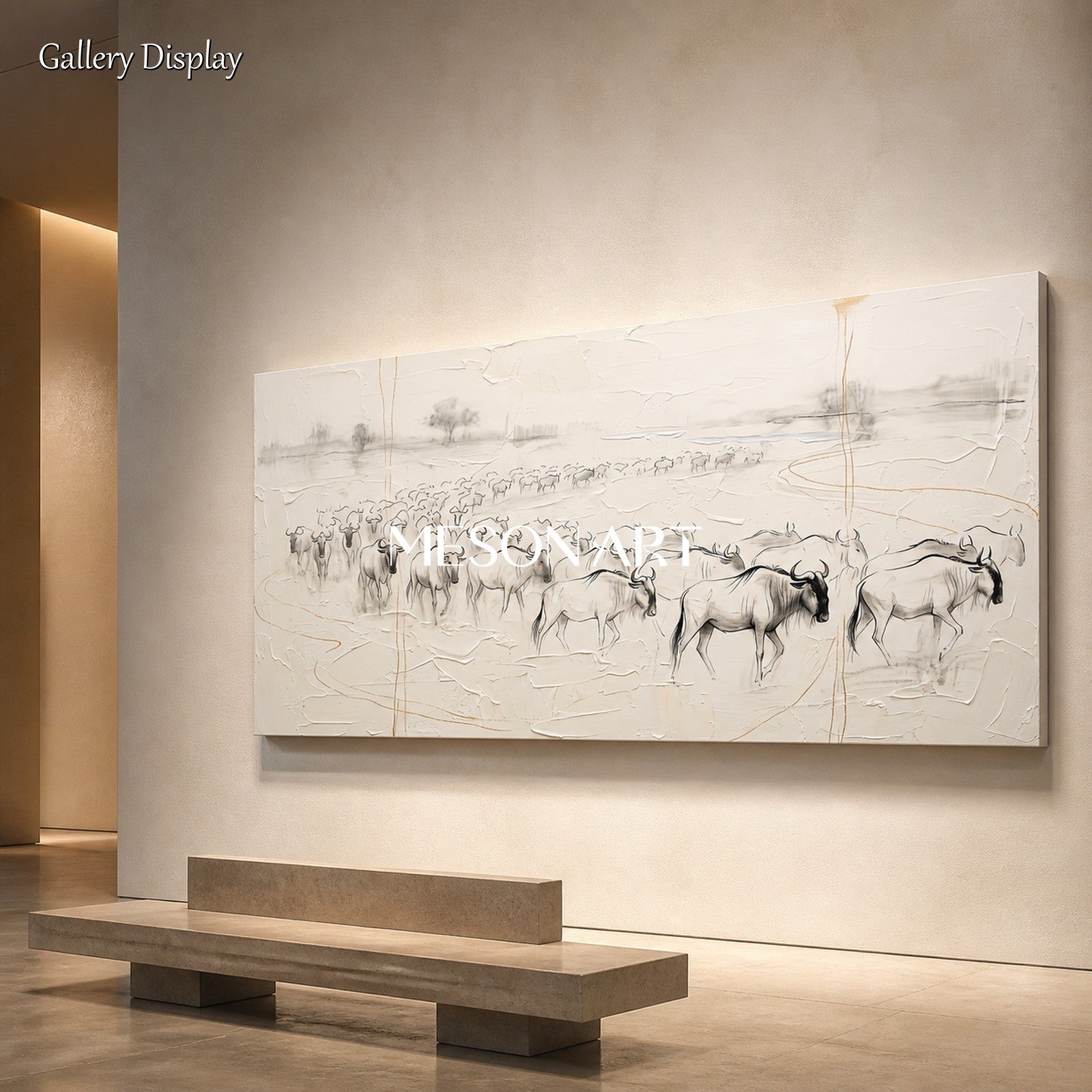 Beige And Black Wildebeest Minimalist Painting Original Artist Panoramic Wall Art For Living Room By Mesonart