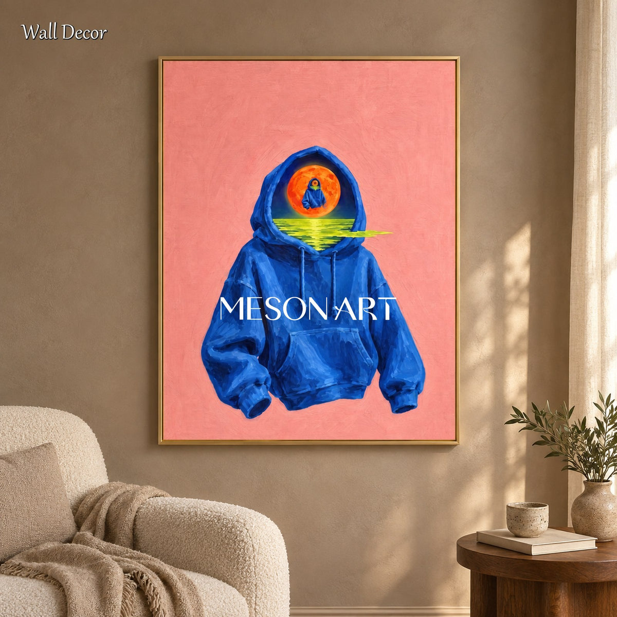 Surrealistisches Gemälde in Blau und Orange mit Spiegelbild – rechteckiges Wandbild, Originalwerk des Künstlers Mesonart