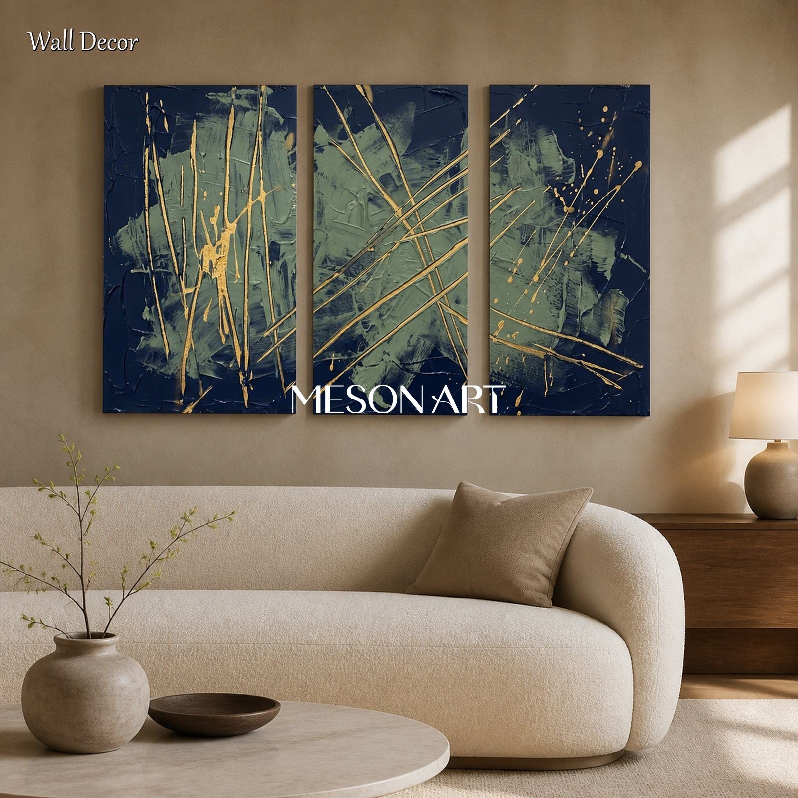 Blue And Gold Abstract Expressionism Painting Rectangular Wall Art For Living Room By Mesonart