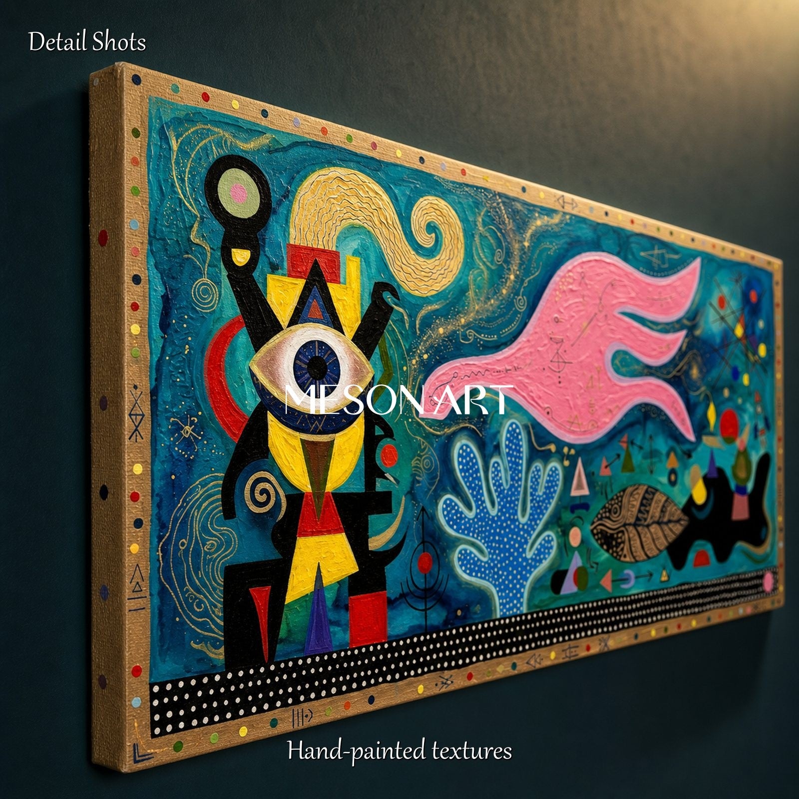 Vibrant Surrealist Abstract Painting With Cosmic Blue And Pink For Modern Living Room Decor