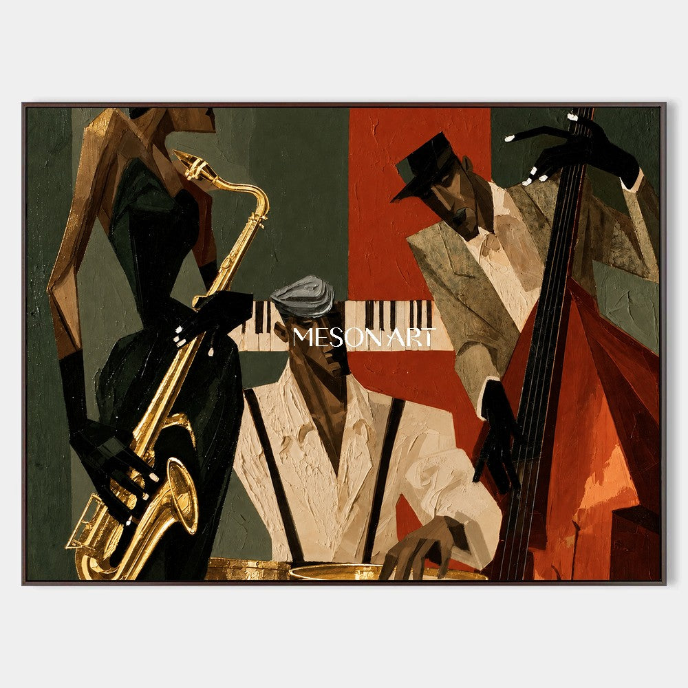 Gold And Black Pop Art Jazz Painting With Saxophone Geometric Modern Textured Rectangular Wall Art By Mesonart
