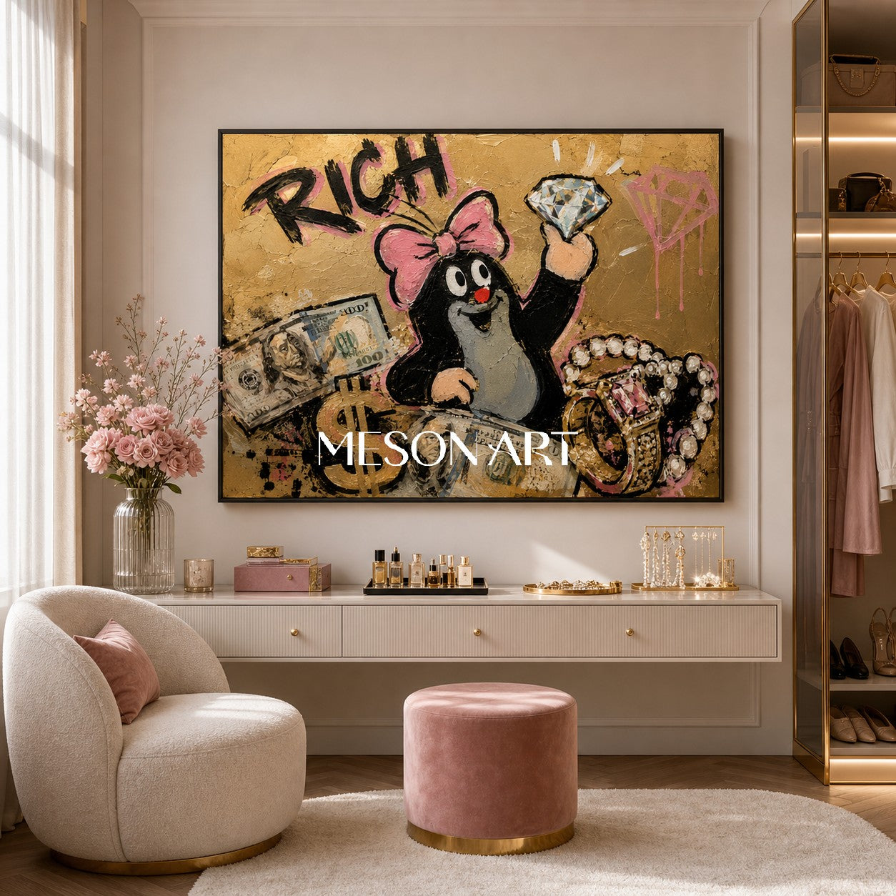 Luxury Graffiti Pop Art Painting With Gold And Pink For Modern Living Room Decor