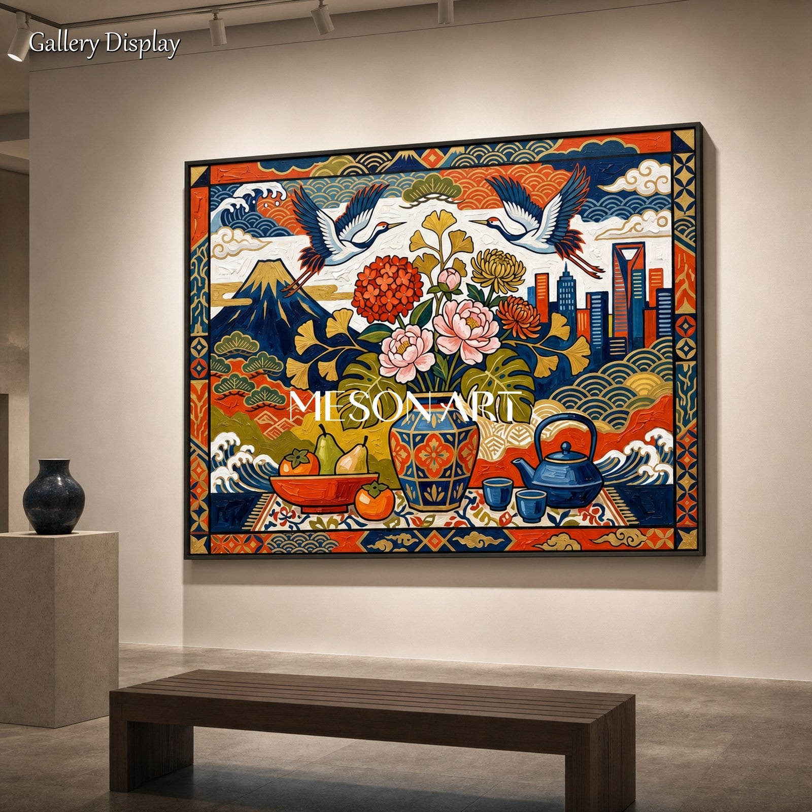 Modern Ukiyo-e Wall Art With Cranes And Flowers For Living Room Decor