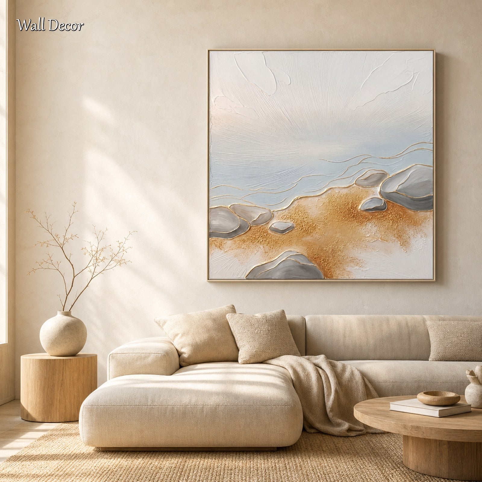 Quadro in pietra lacustre con texture 3D e dettagli dorati per decorare le pareti di un soggiorno moderno