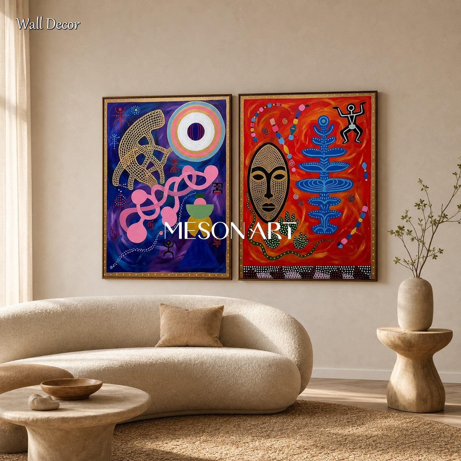 Vibrant Abstract Ethnic Painting With Bold Colors For Modern Living Room Wall Decor