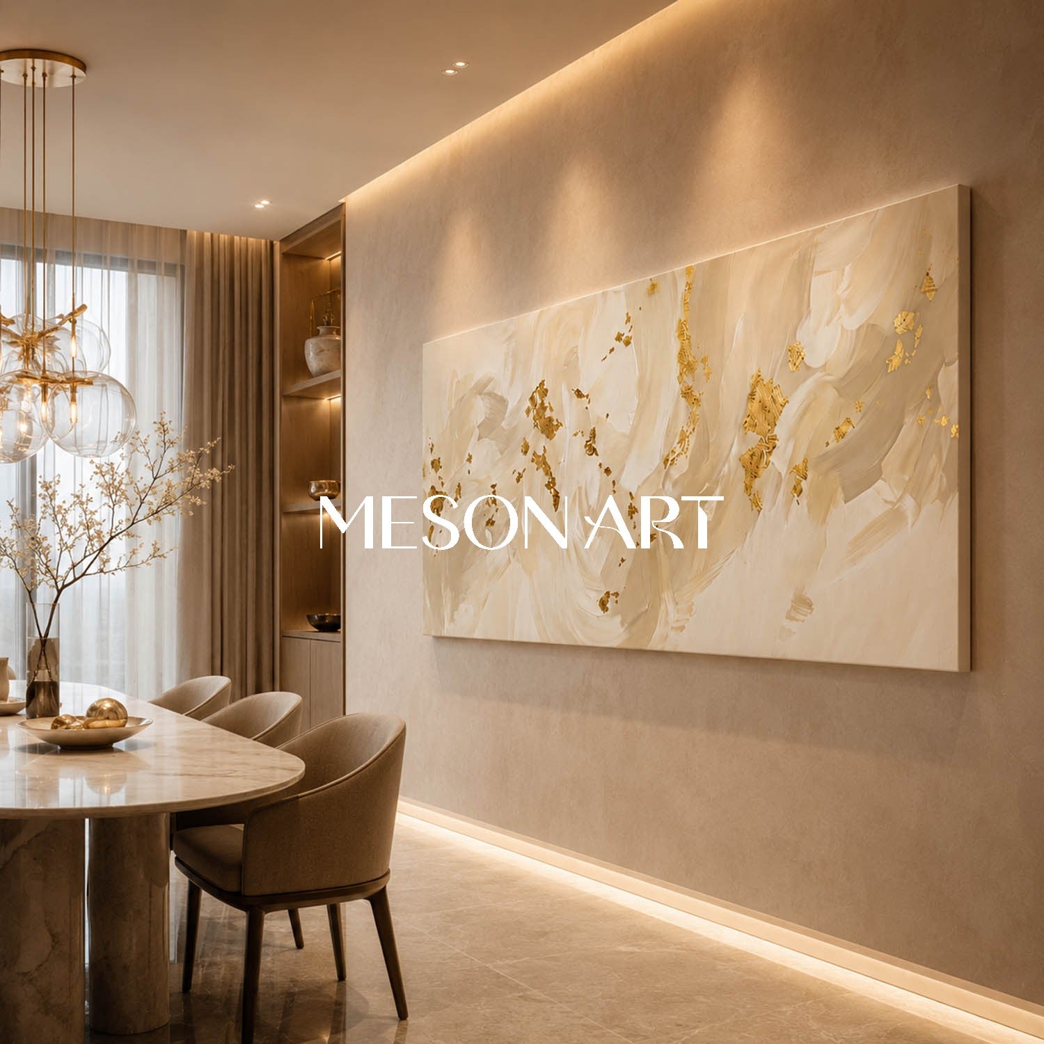 Luxury Minimalist Abstract Art With Gold Leaf Accents For Modern Living Room Decor