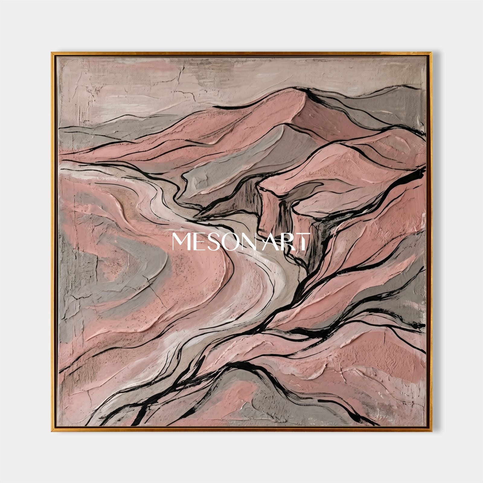 Pink Abstract Mountain Art For Modern Living Room And Bedroom Decor With Gold Frame