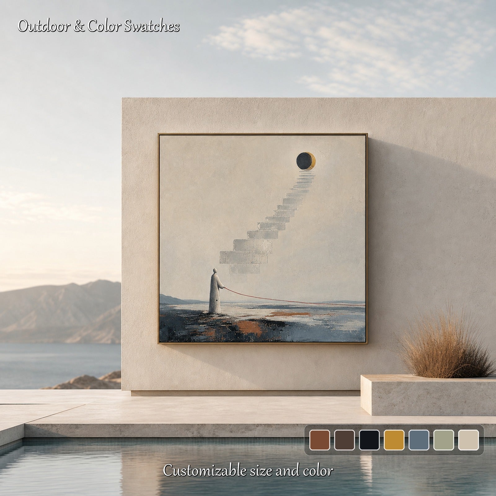 Surrealist Stairway To Moon Original Painting With Textured Plaster And Gold Frame For Living Room