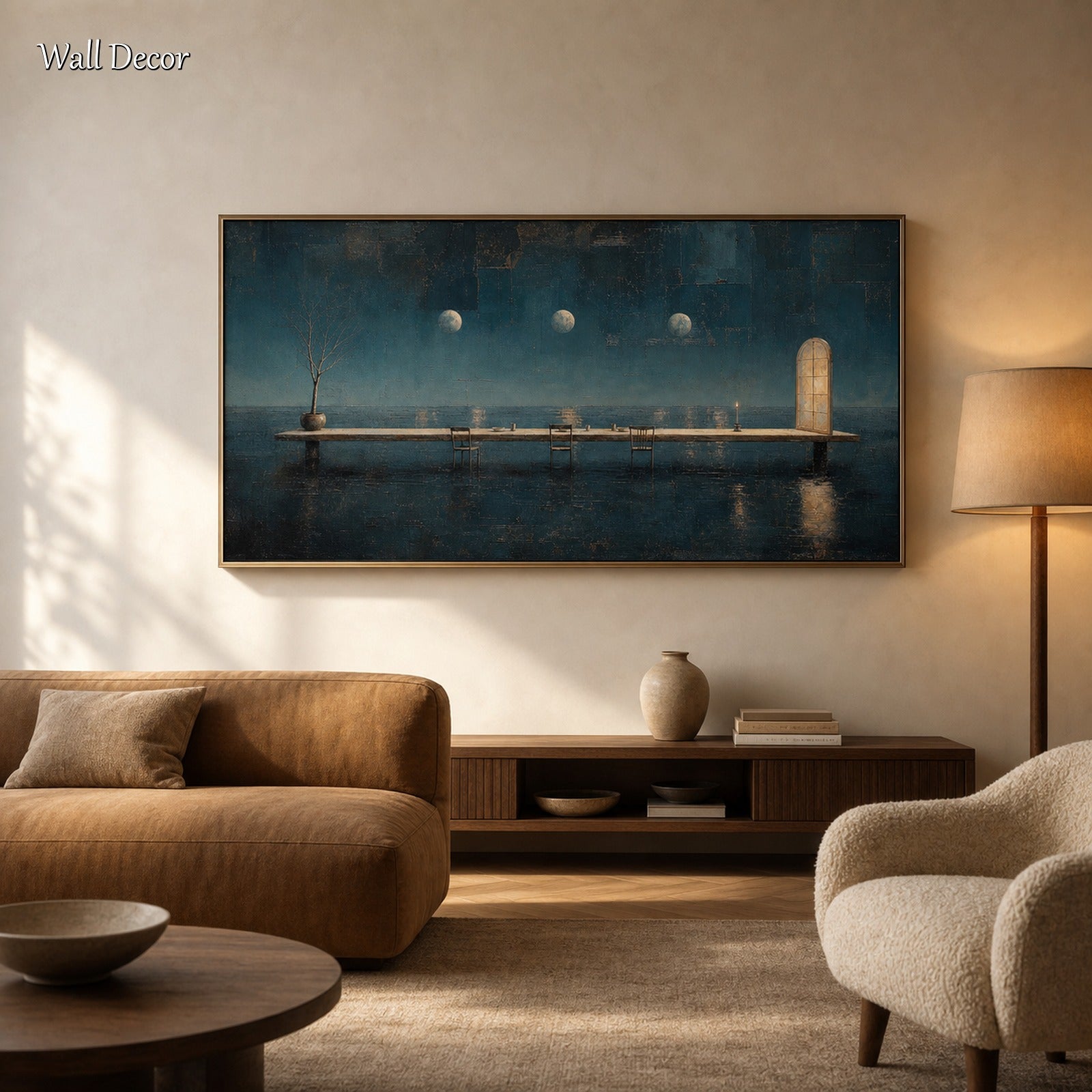 Surrealist Ocean Painting With Golden Door And Triple Moons For Modern Living Room Decor