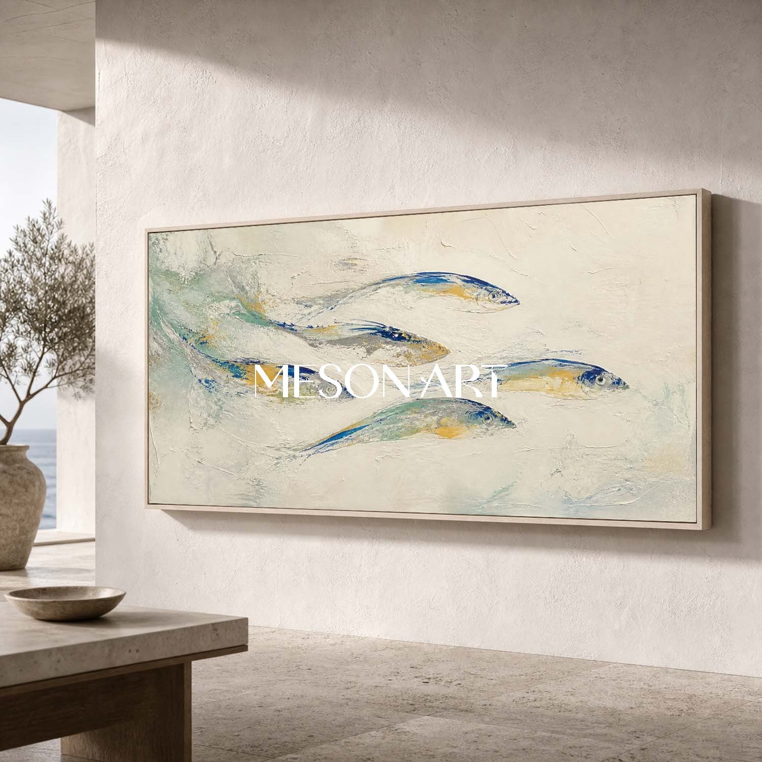 Abstract Blue Fish Painting On Linen Canvas With Textured Finish For Coastal Living Room Decor